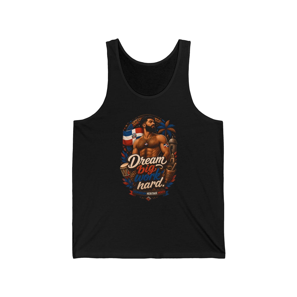 Tank top with "Dream big work hard" text and Dominican flag motif.