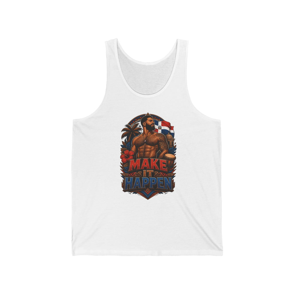 Tank top with tattooed man, Dominican flag, and "Make It Happen" text.