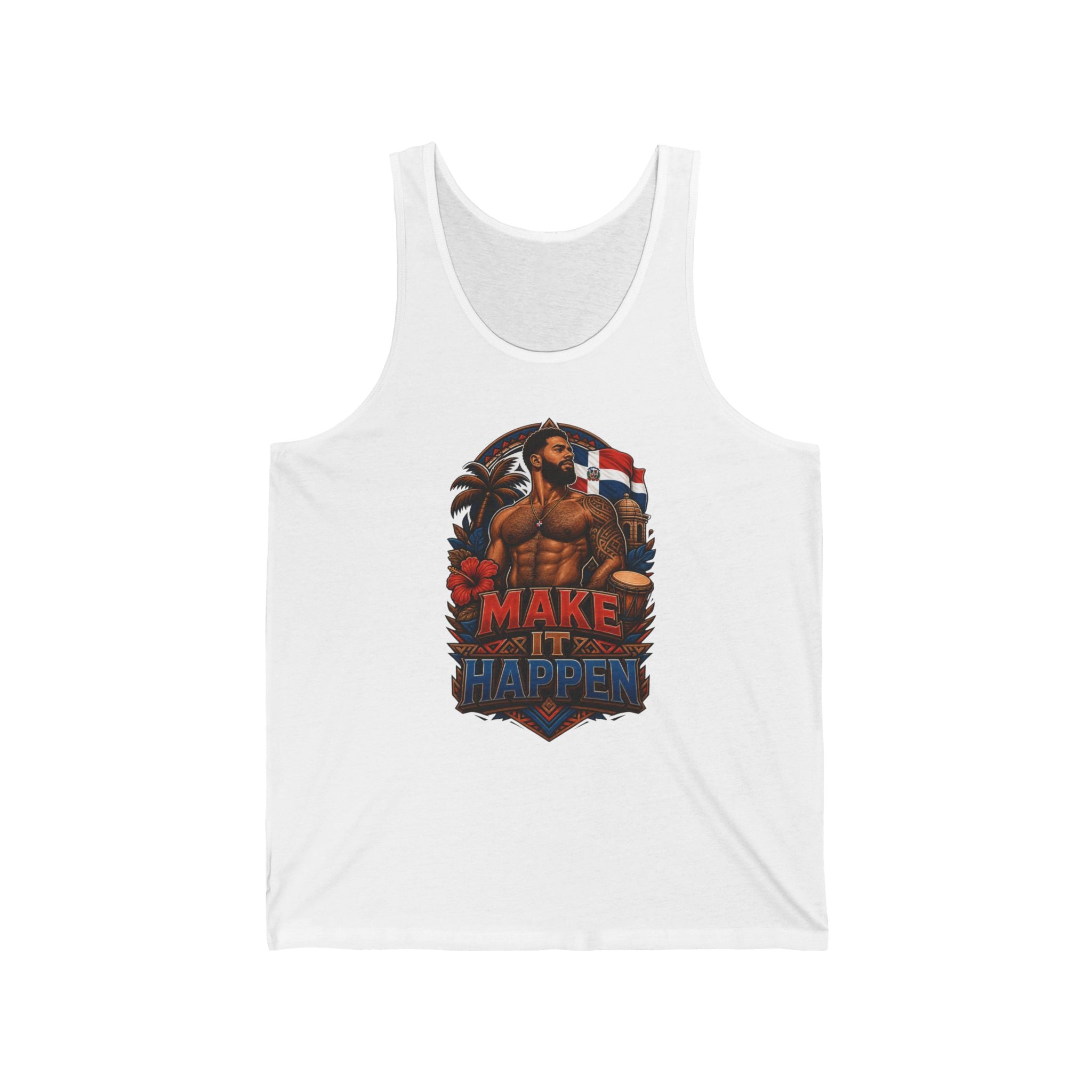 Tank top with tattooed man, Dominican flag, and "Make It Happen" text.