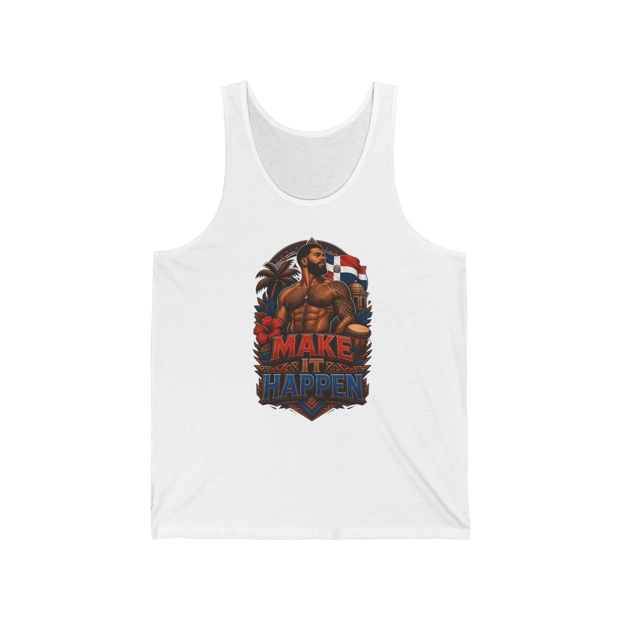 Tank top with tattooed man, Dominican flag, and "Make It Happen" text.