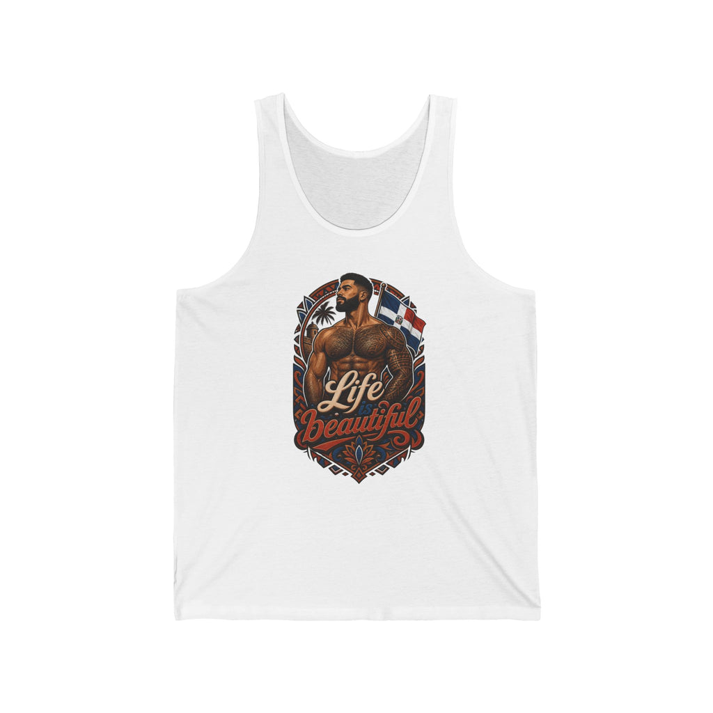 Tank top with a man with tattoos and the Dominican Republic flag.