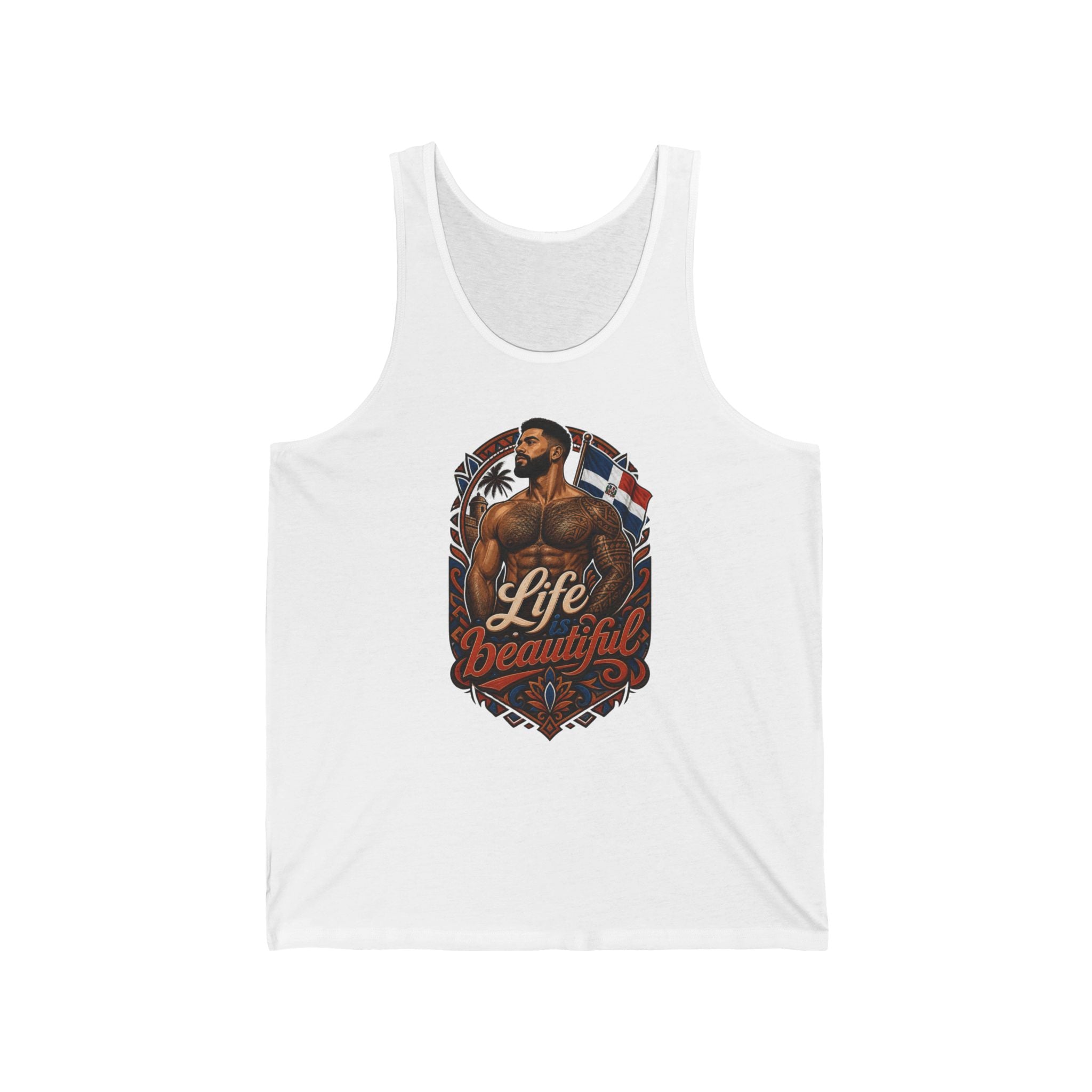 Tank top with a man with tattoos and the Dominican Republic flag.