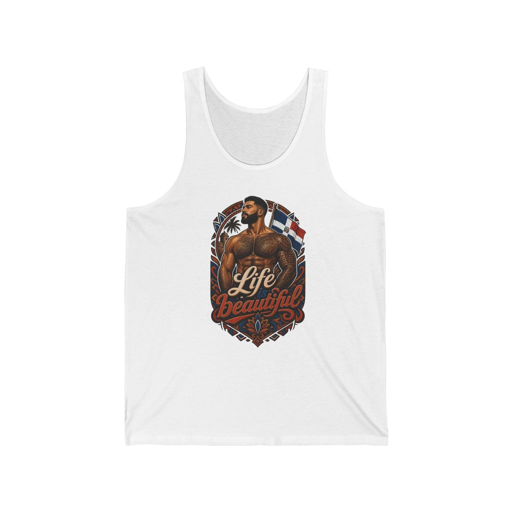 Tank top with a man with tattoos and the Dominican Republic flag.