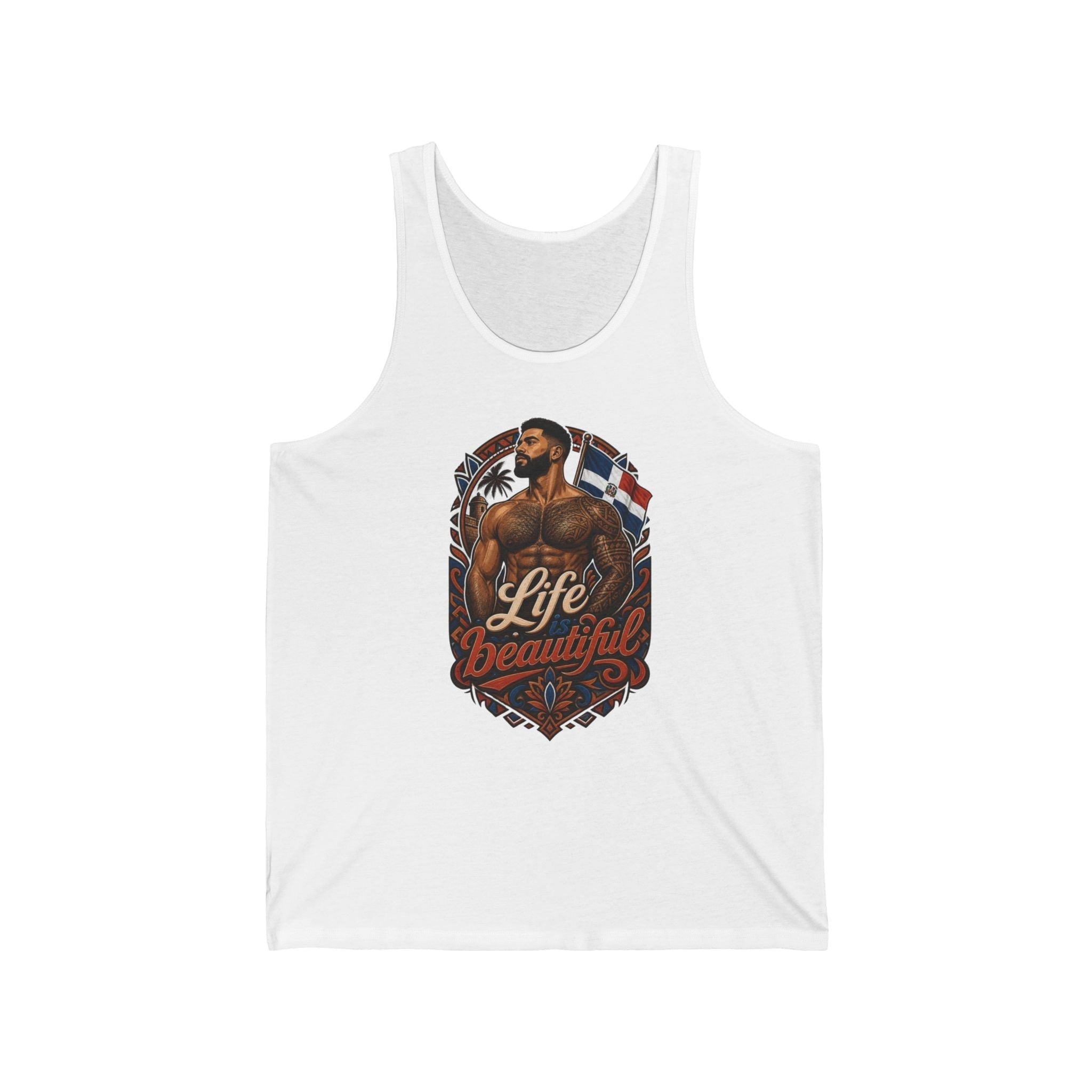 Tank top with a man with tattoos and the Dominican Republic flag.