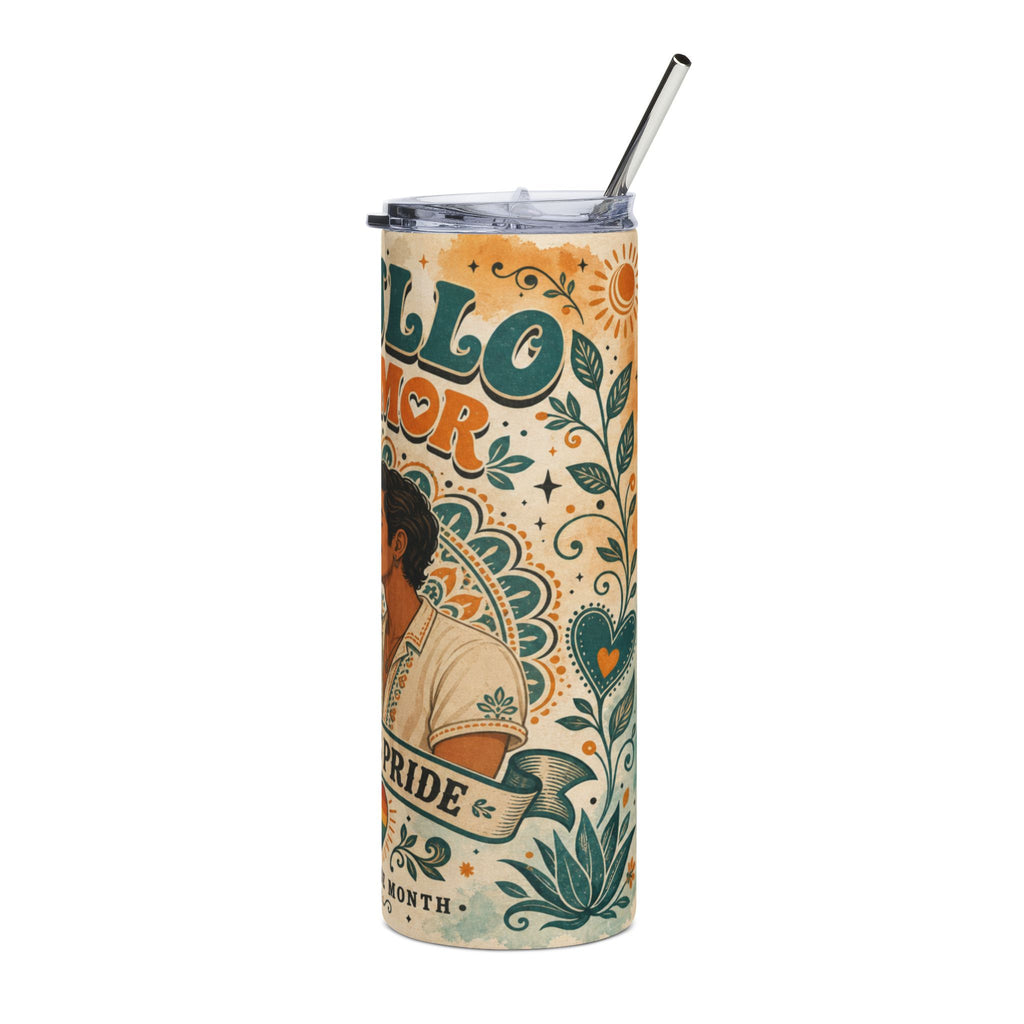 "Pride Month" tumbler with "Hello Amor" design and man's portrait.