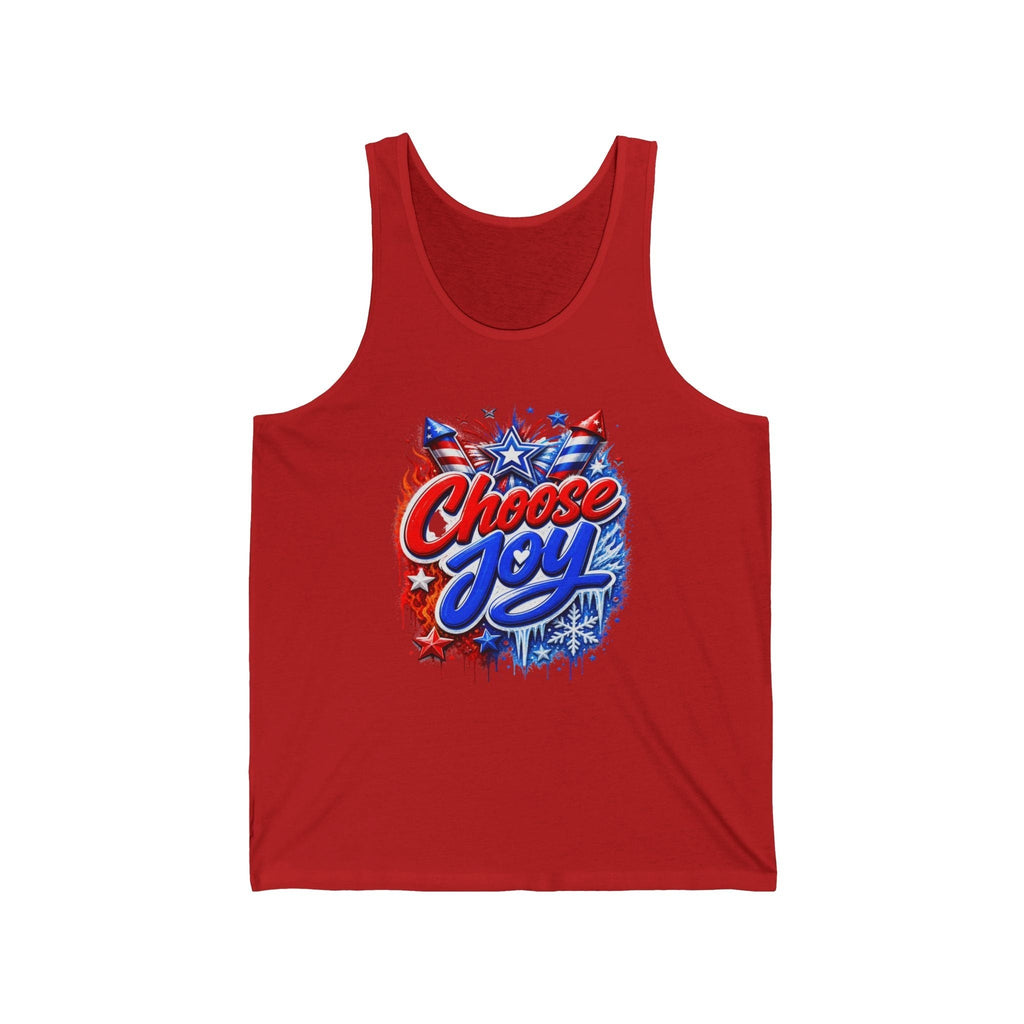 Red tank top with "Choose Joy" text and patriotic graphics.
