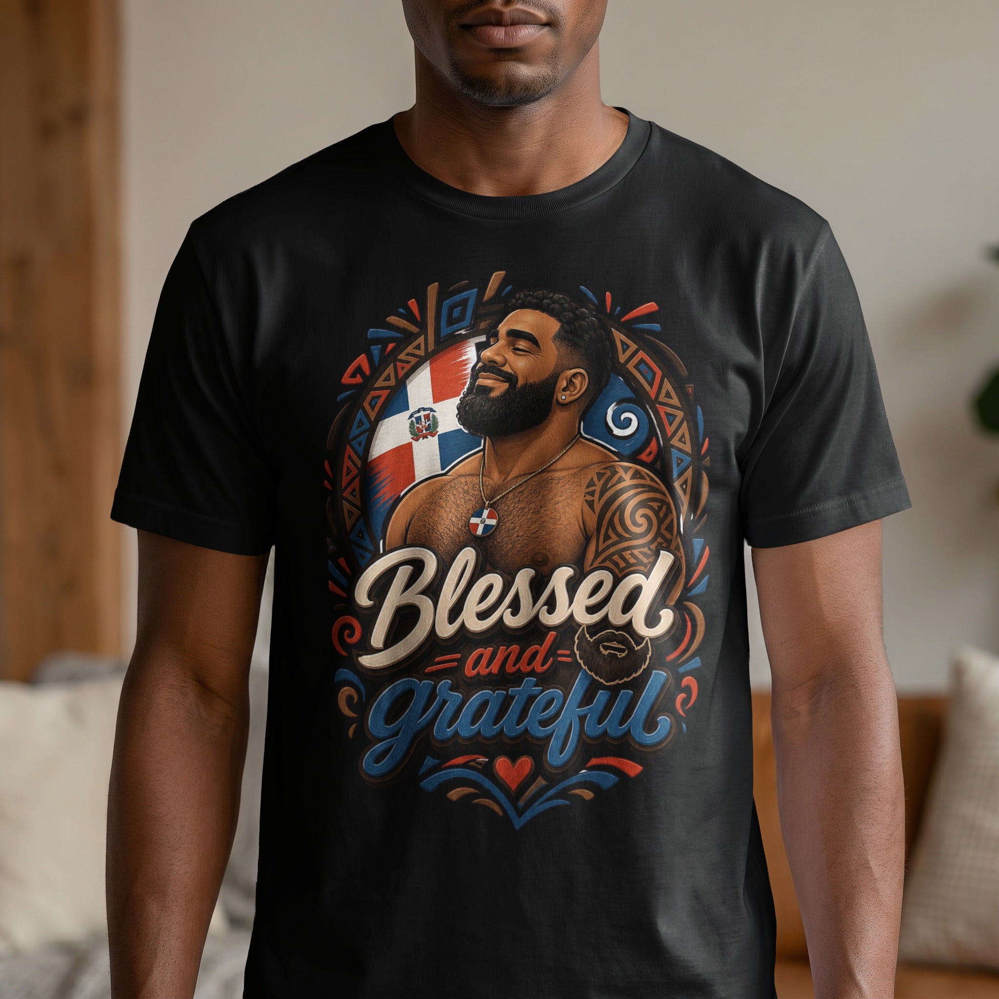 Man wearing black t-shirt with "Blessed and Grateful" and Dominican Republic flag design.