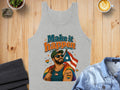 Grey tank top with "Make it Happen" text and Puerto Rican flag in rainbow colors.