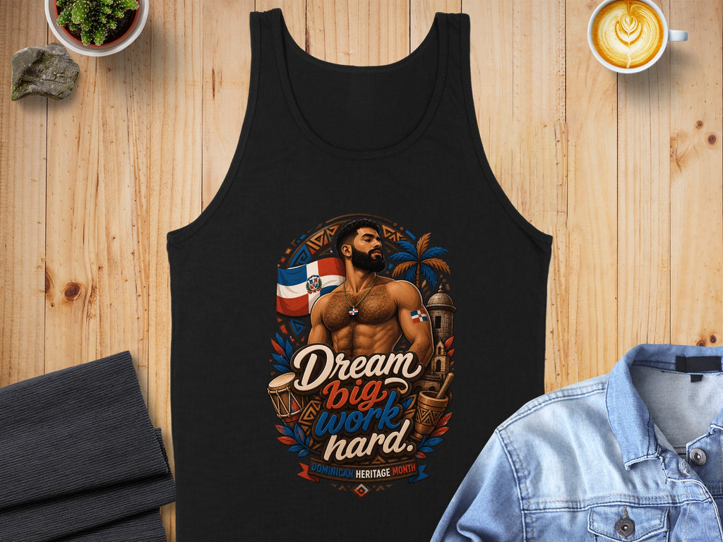 Black tank top with man, Dominican flag, and text "Dream Big Work Hard."