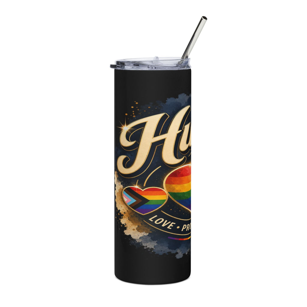 Black tumbler with "Love is Love" text, rainbow hearts, and pride flag designs.