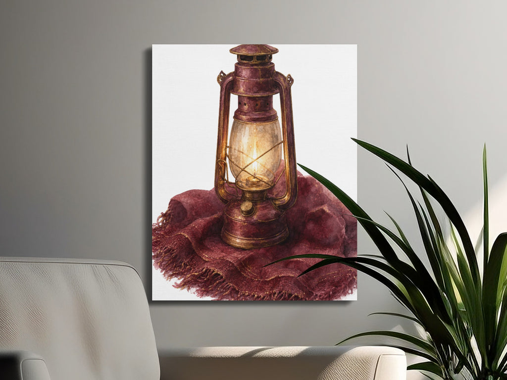 Watercolor painting of a vintage lantern on a red fringed scarf.