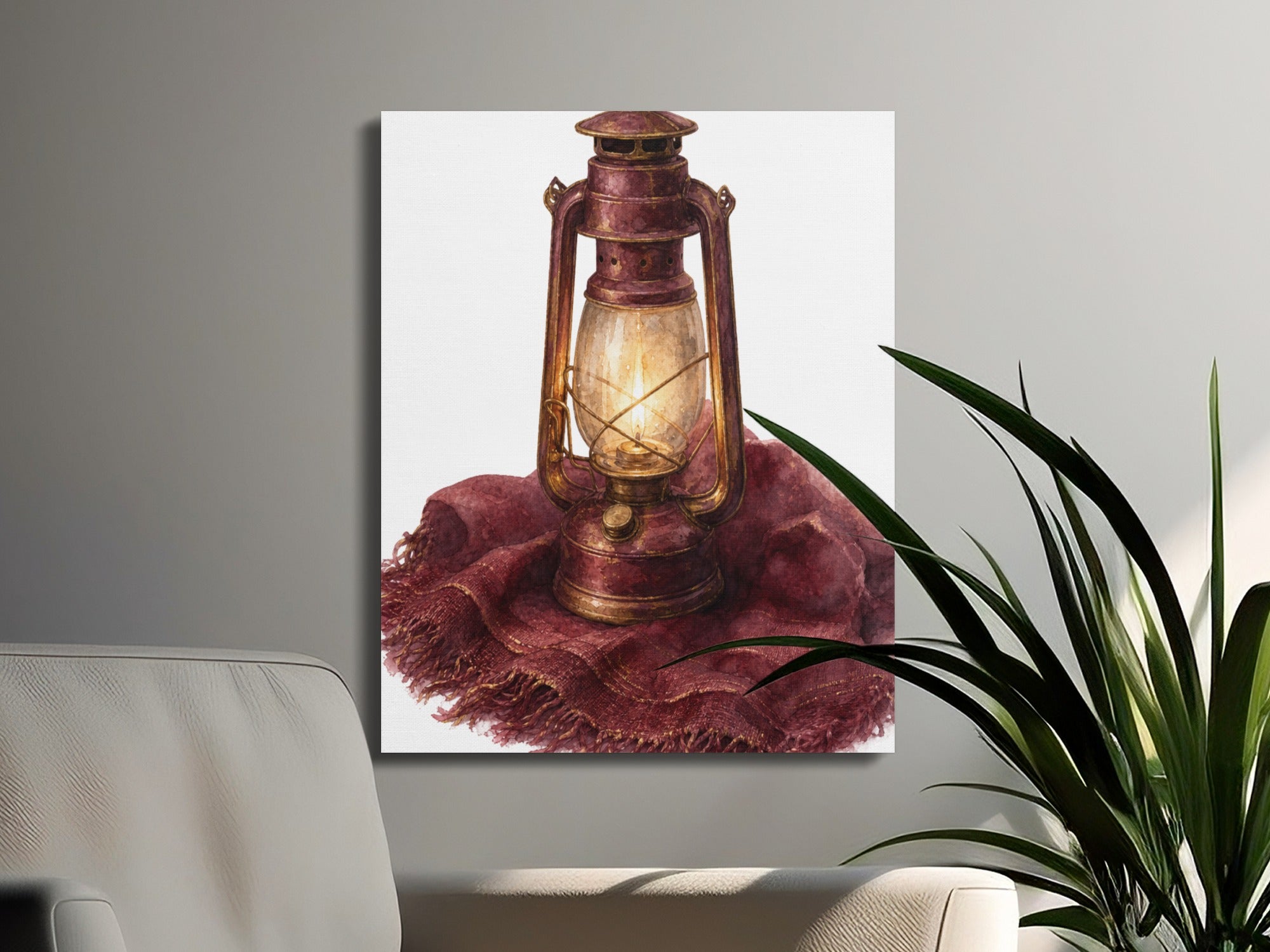 Watercolor painting of a vintage lantern on a red fringed scarf.