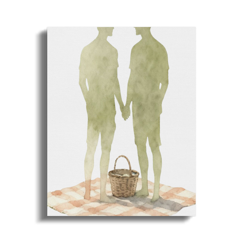 Watercolor silhouette of two figures holding hands with a picnic basket on a blanket.