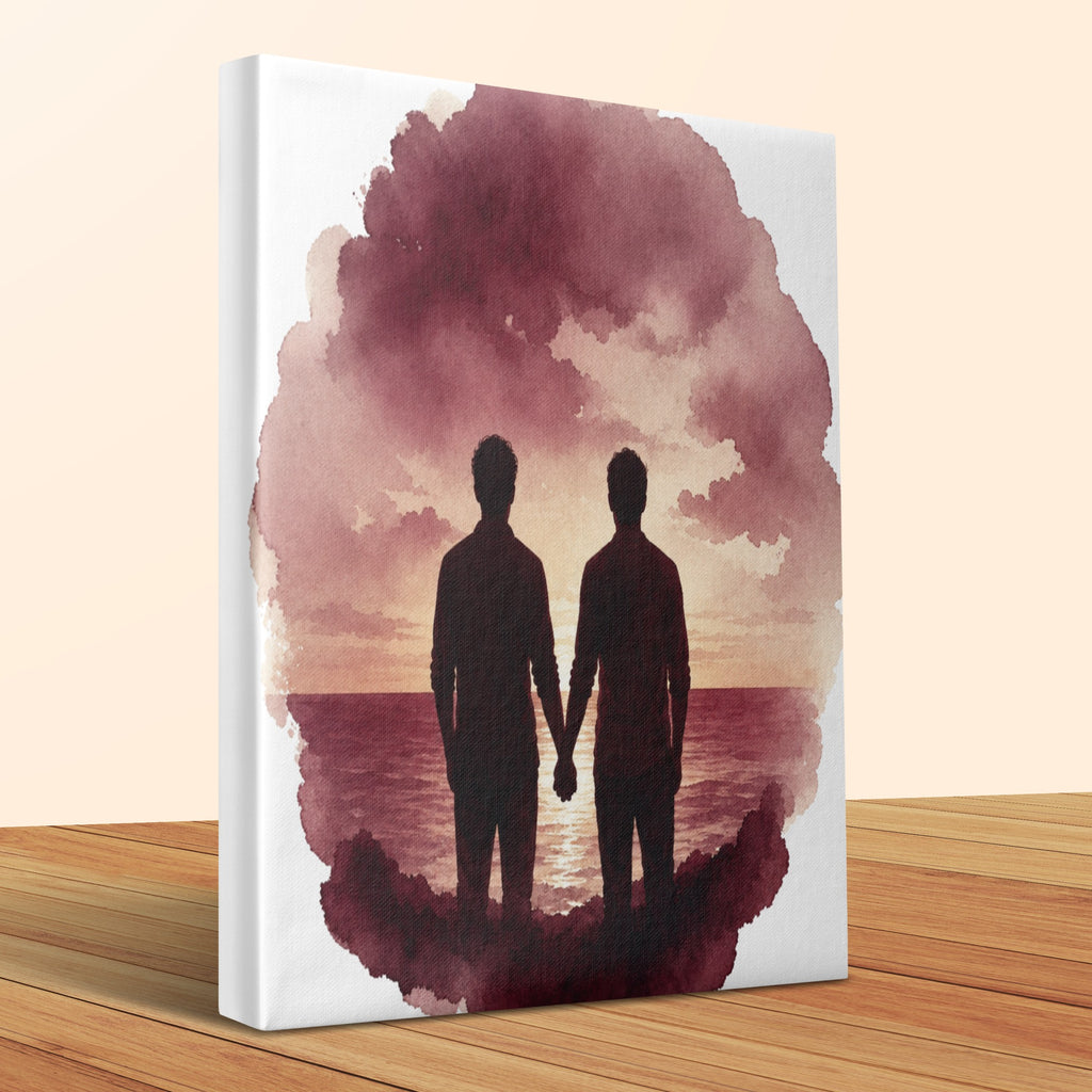 Silhouettes of two men holding hands against a sunset watercolor background.