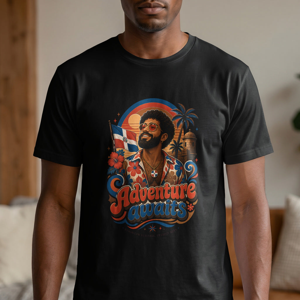 T-shirt graphic featuring a man in sunglasses, a tropical scene, and "Adventure awaits" text.
