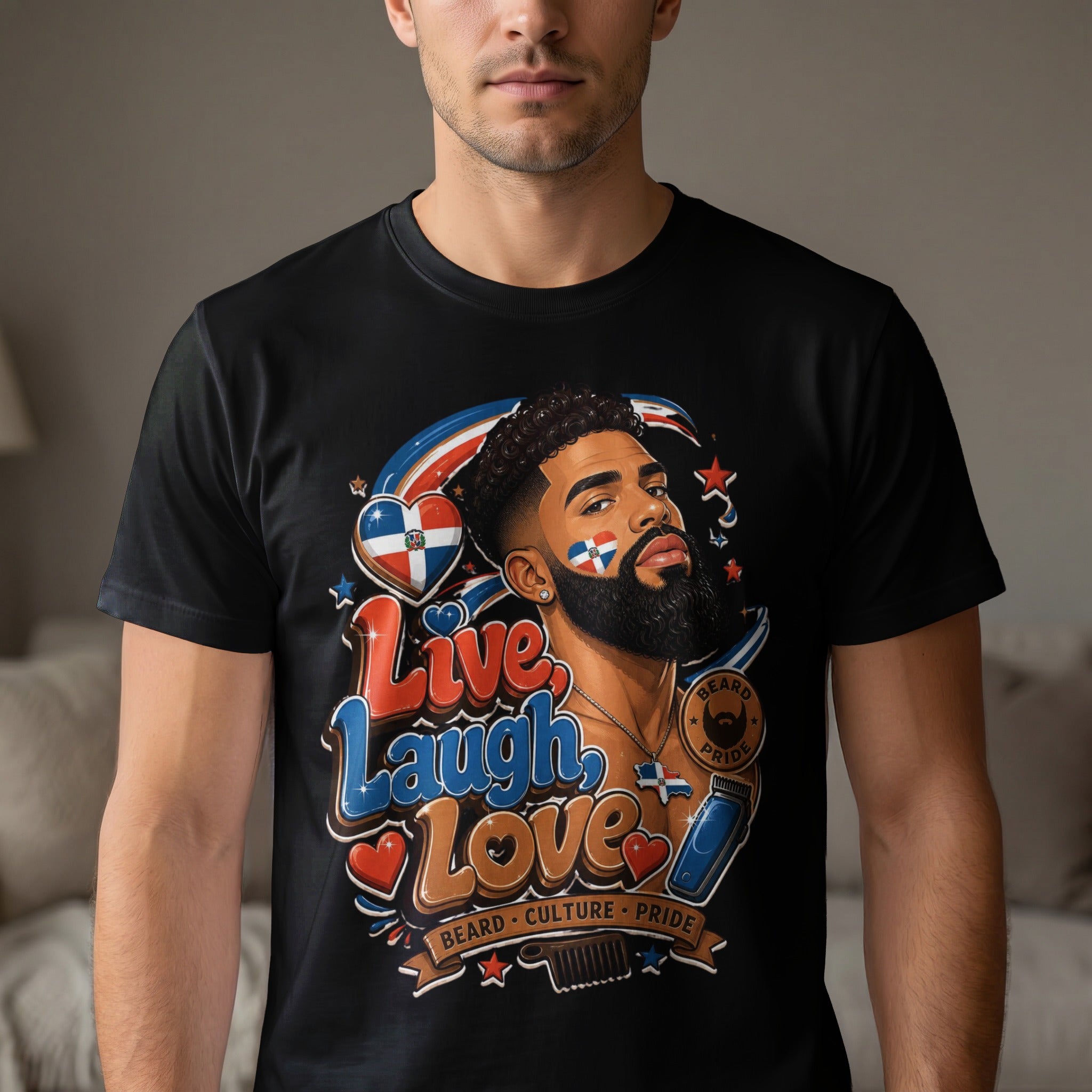 T-shirt with man's portrait, beard pride graphic, and text "Live, Laugh, Love."