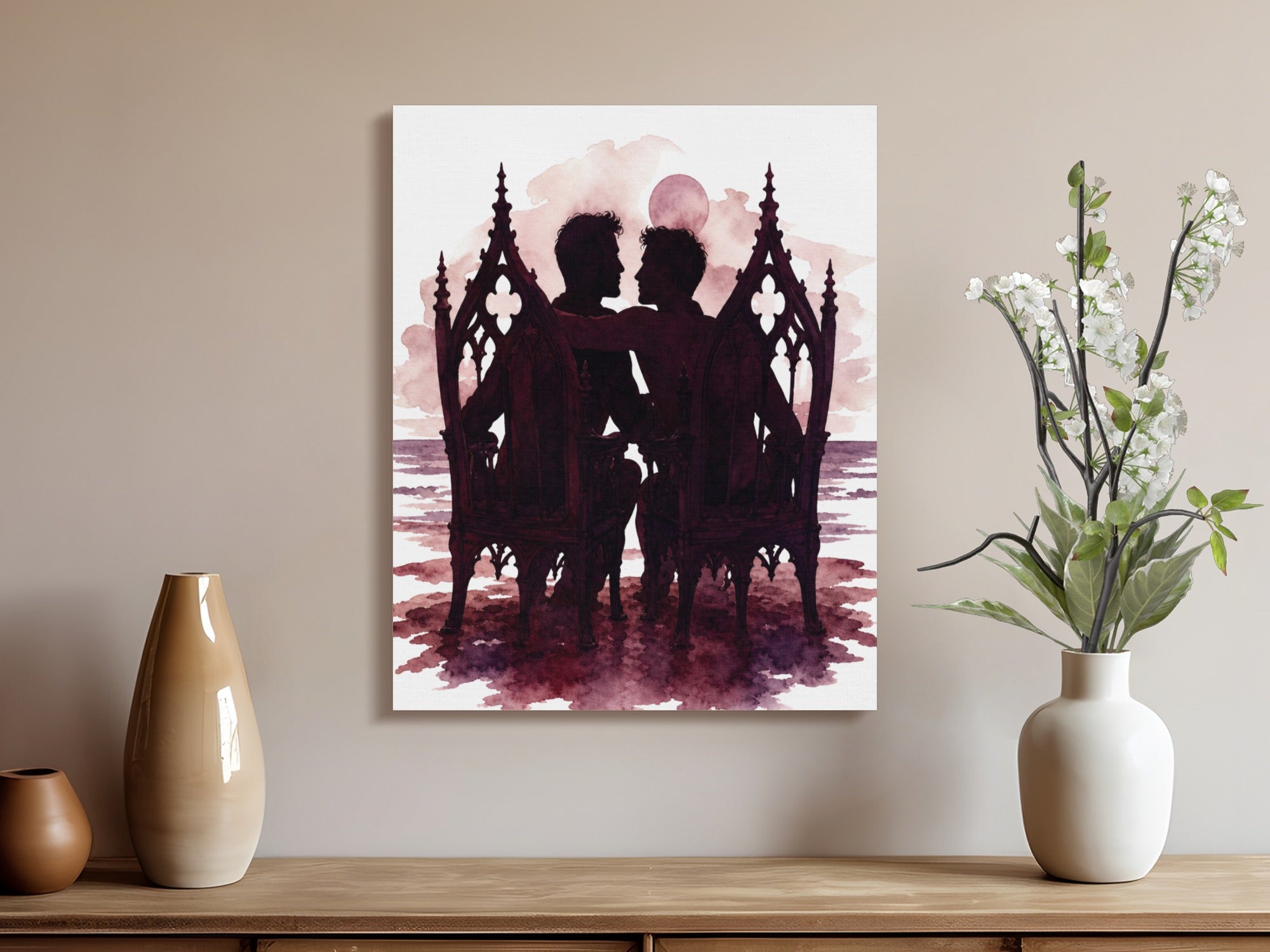Silhouette of a couple embracing under a full moon, seated in ornate chairs.