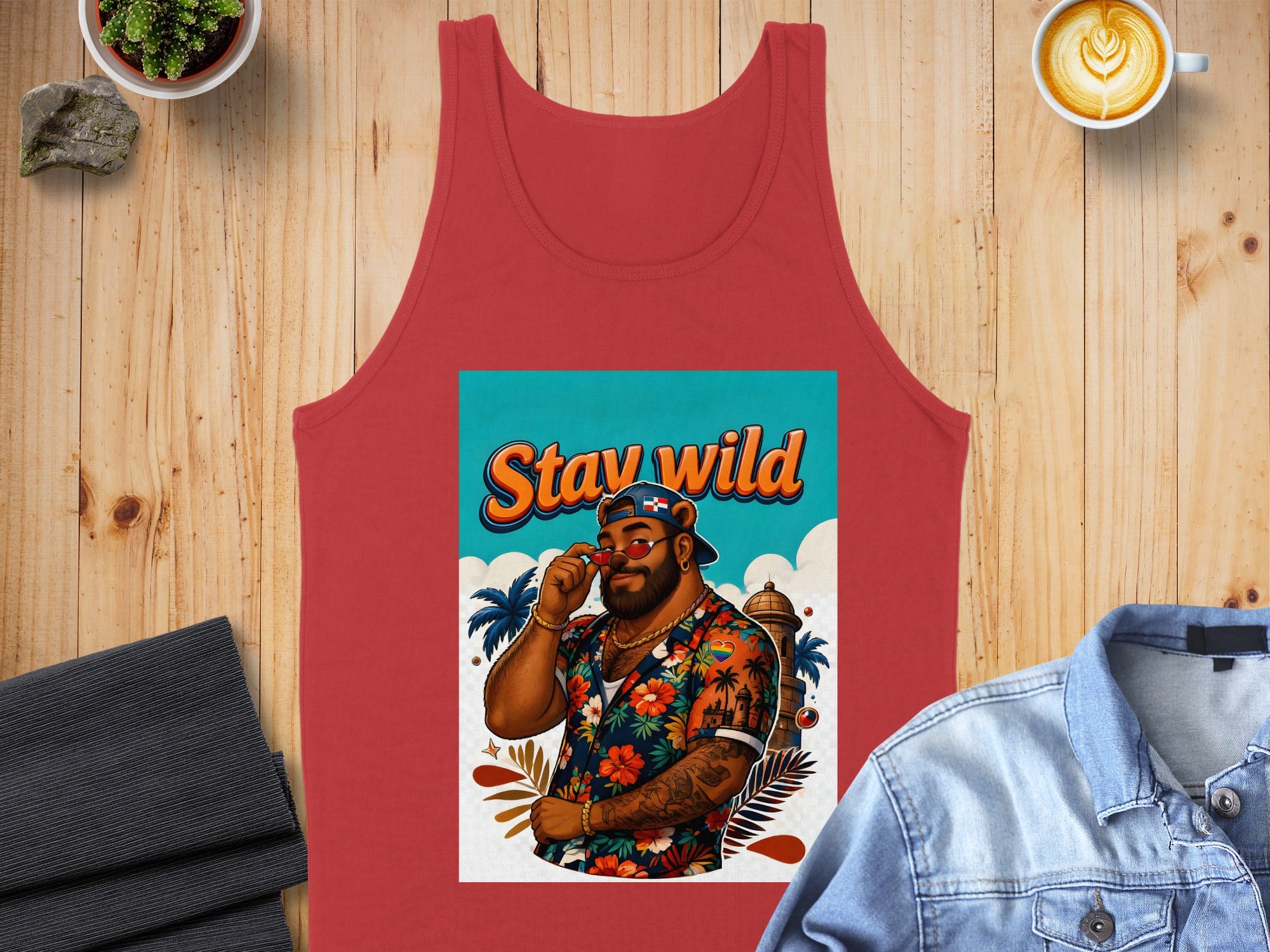Red tank top with "Stay Wild" text and a man wearing sunglasses and a floral shirt.