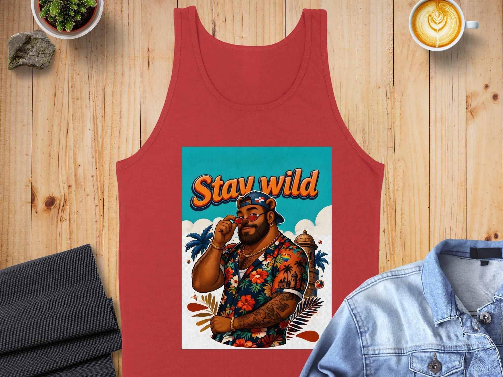Red tank top with "Stay Wild" text and a man wearing sunglasses and a floral shirt.