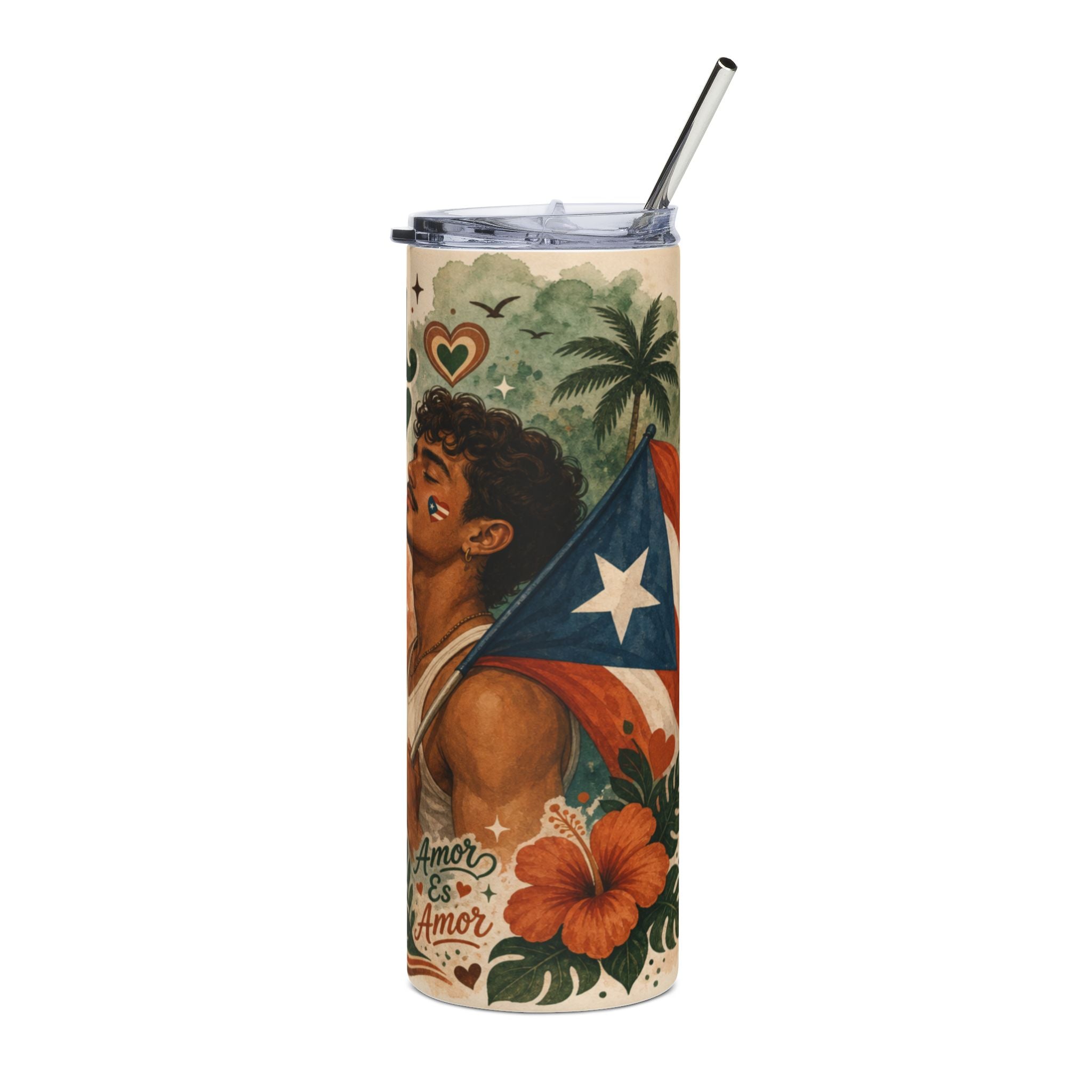Tumbler featuring a man with a Puerto Rican flag, hibiscus, and palm trees.