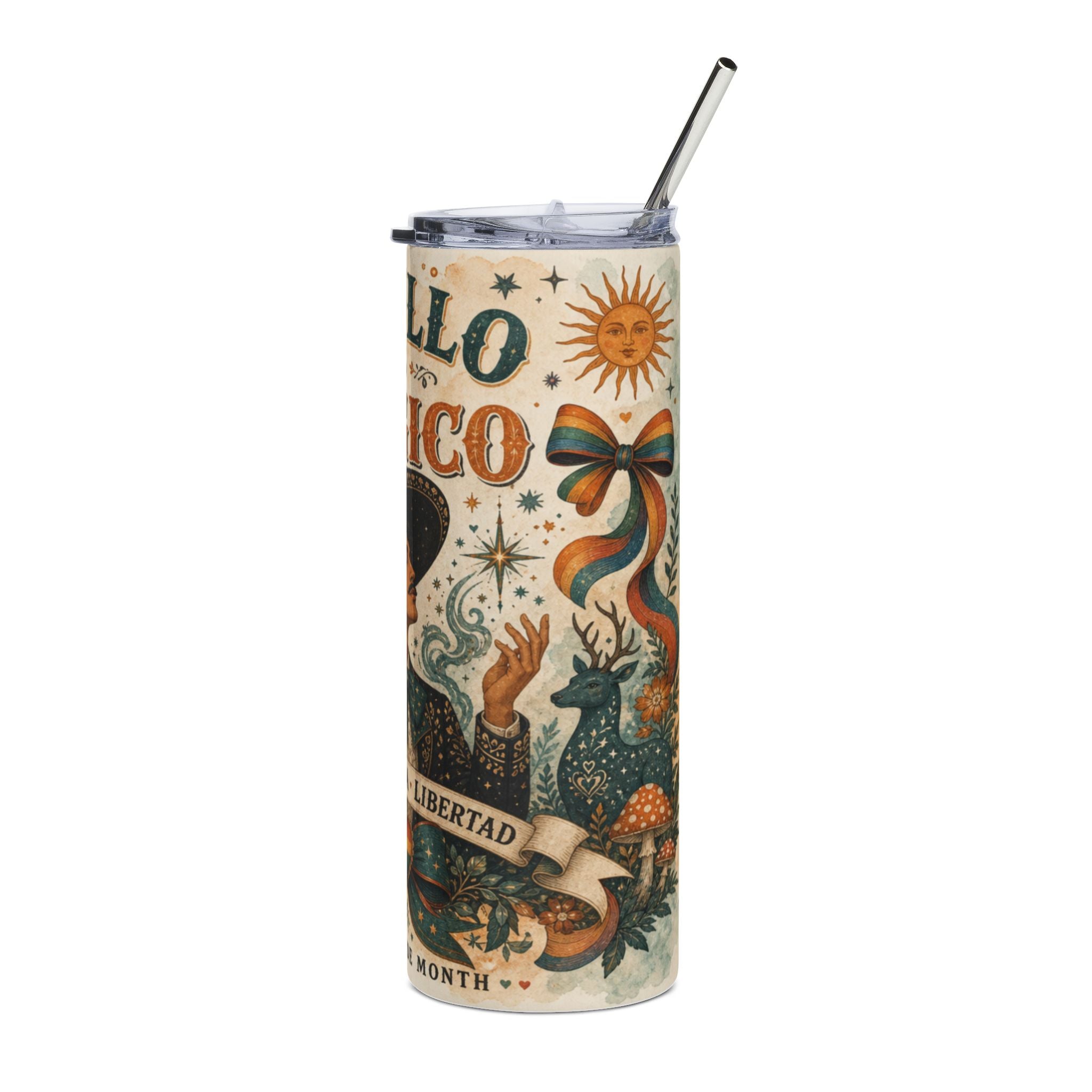 Folksy tumbler with sun, deer, mushrooms, and "Libertad Month" text.