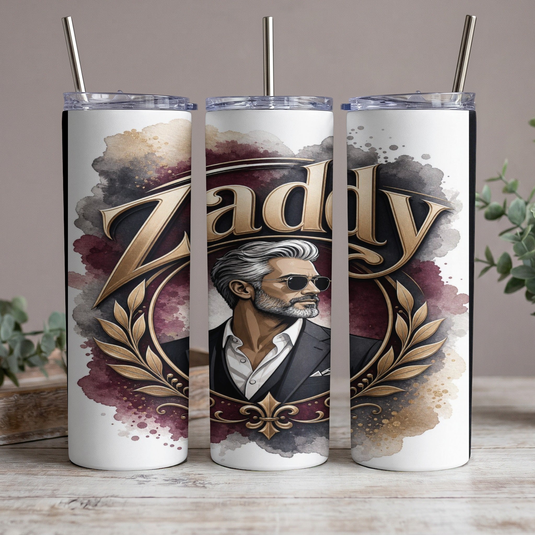 Tumbler with gold "Zaddy" lettering and watercolor accents, featuring a distinguished man.
