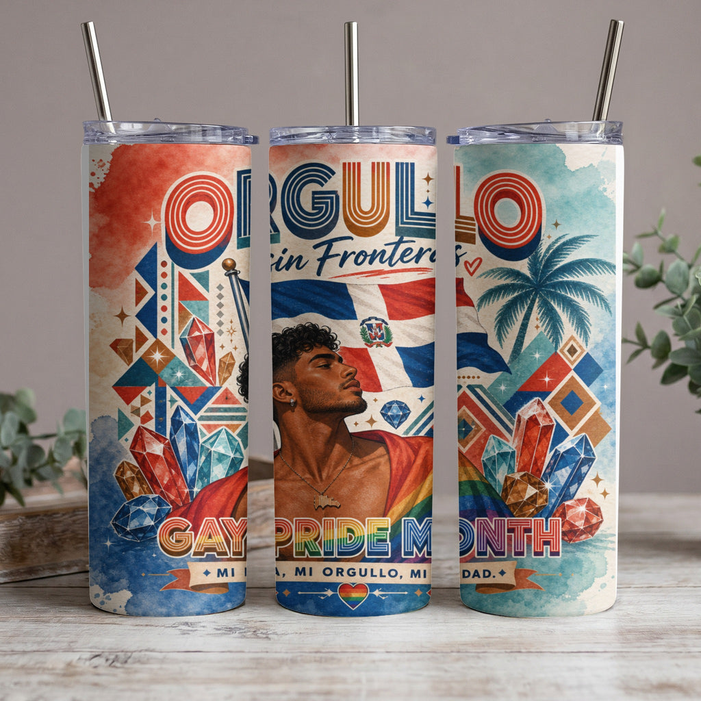 Tumbler with "Orgullo" text, man in rainbow scarf, and crystals.