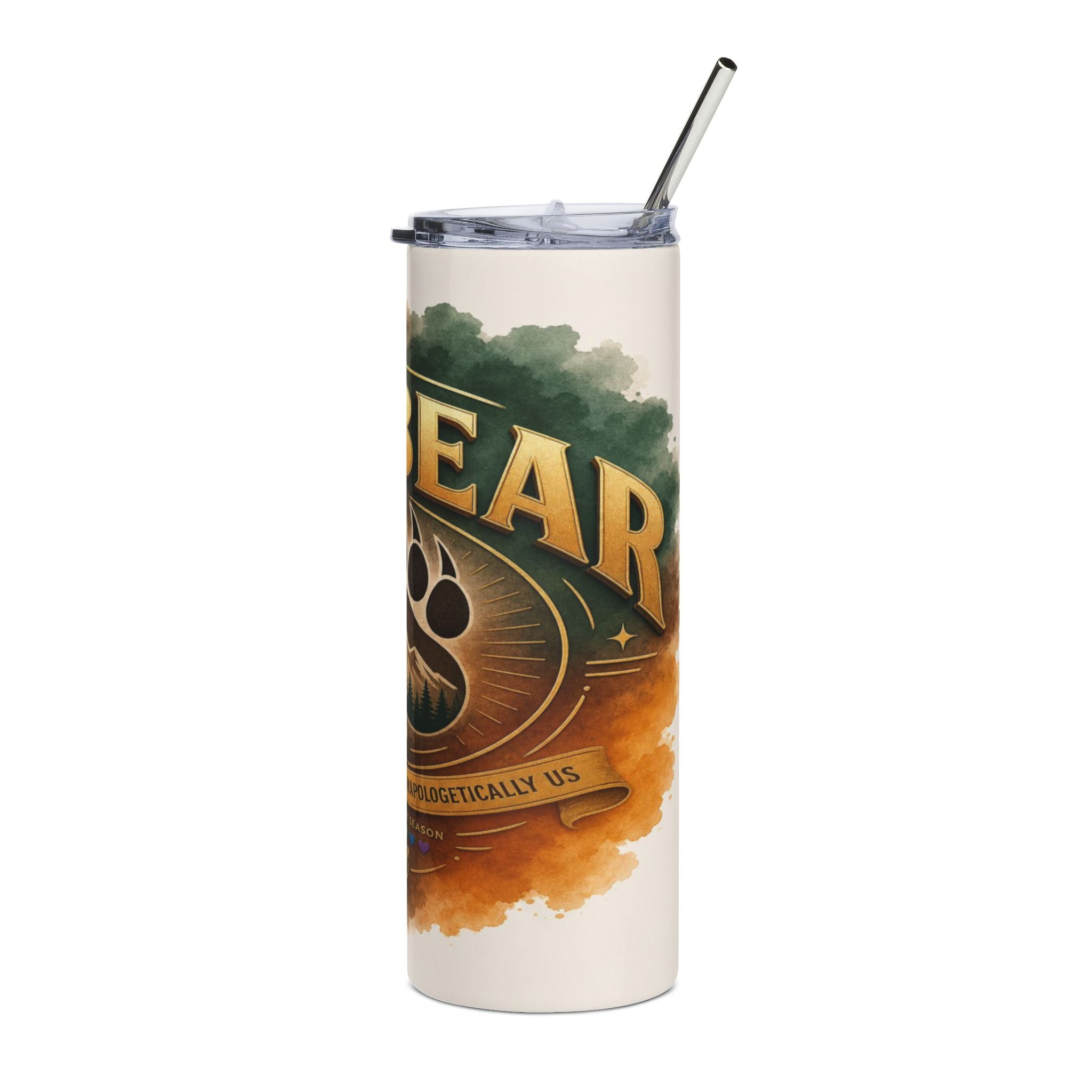 Tumbler with bear paw logo and text "APOLOGETICALLY US".