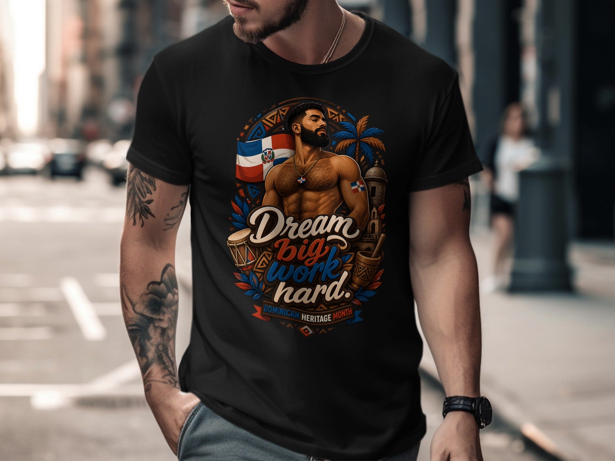Black t-shirt with "Dream Big Work Hard" and Dominican flag heritage graphic.