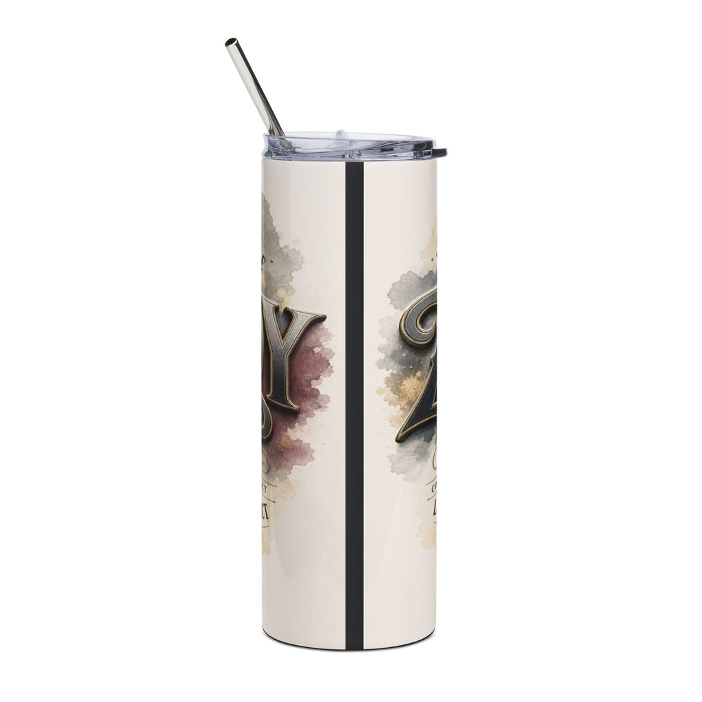 Cream tumbler with watercolor splatters and embossed letters reading "HAPPY PLACE".
