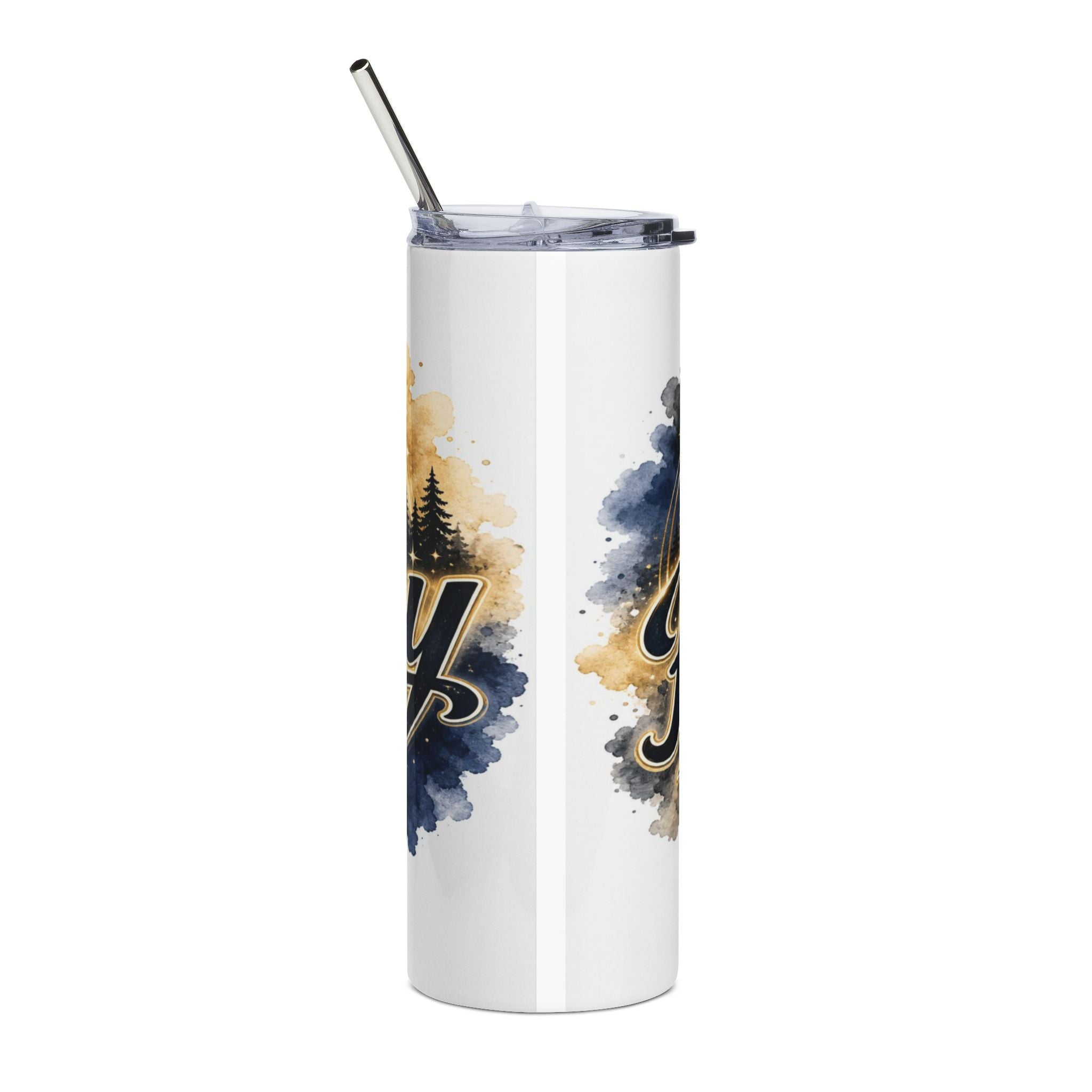 White tumbler with metallic straw, featuring watercolor splatters and tree graphics.