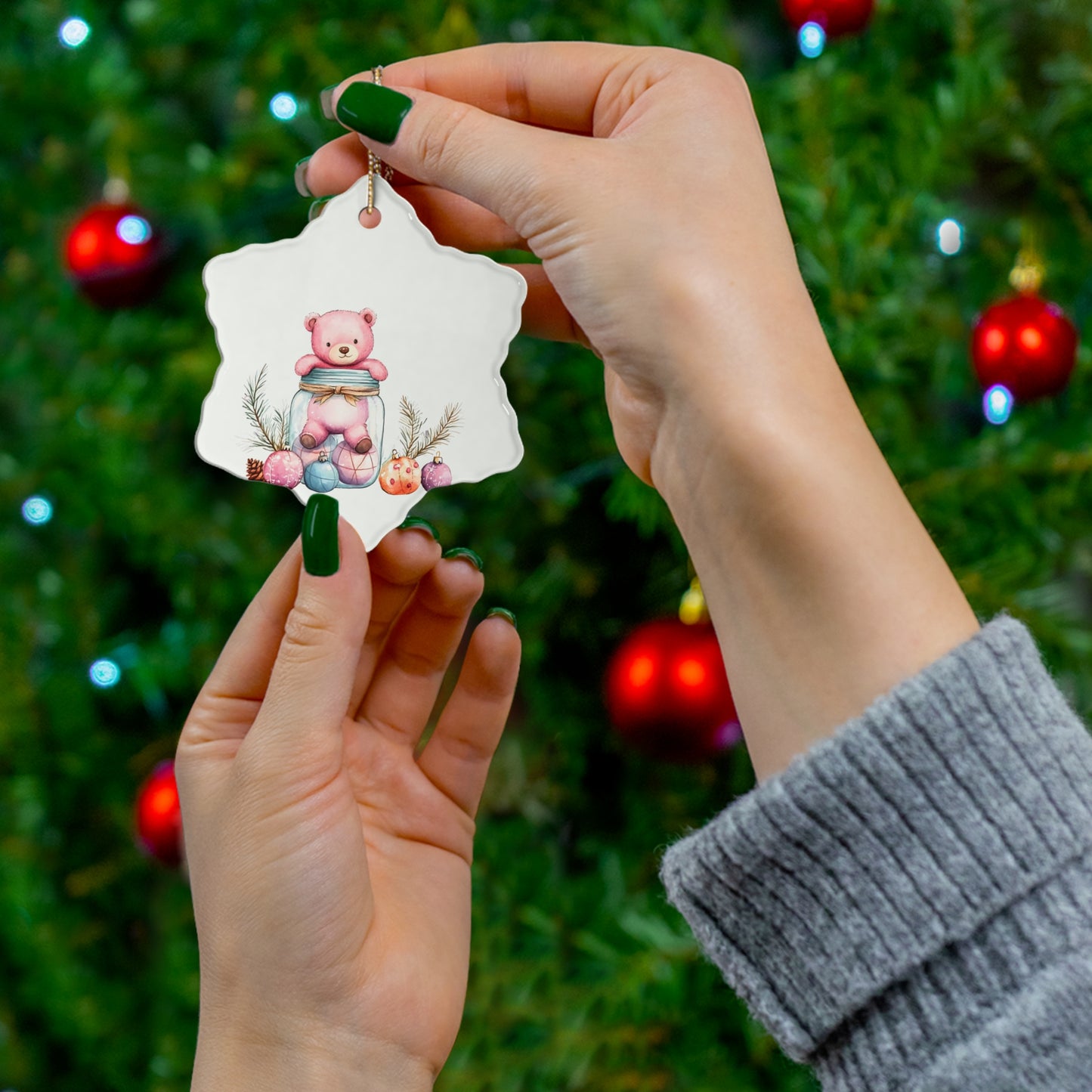 Adorable Pink Bear Ornament in Jar – Perfect Holiday Decoration for a Whimsical Touch