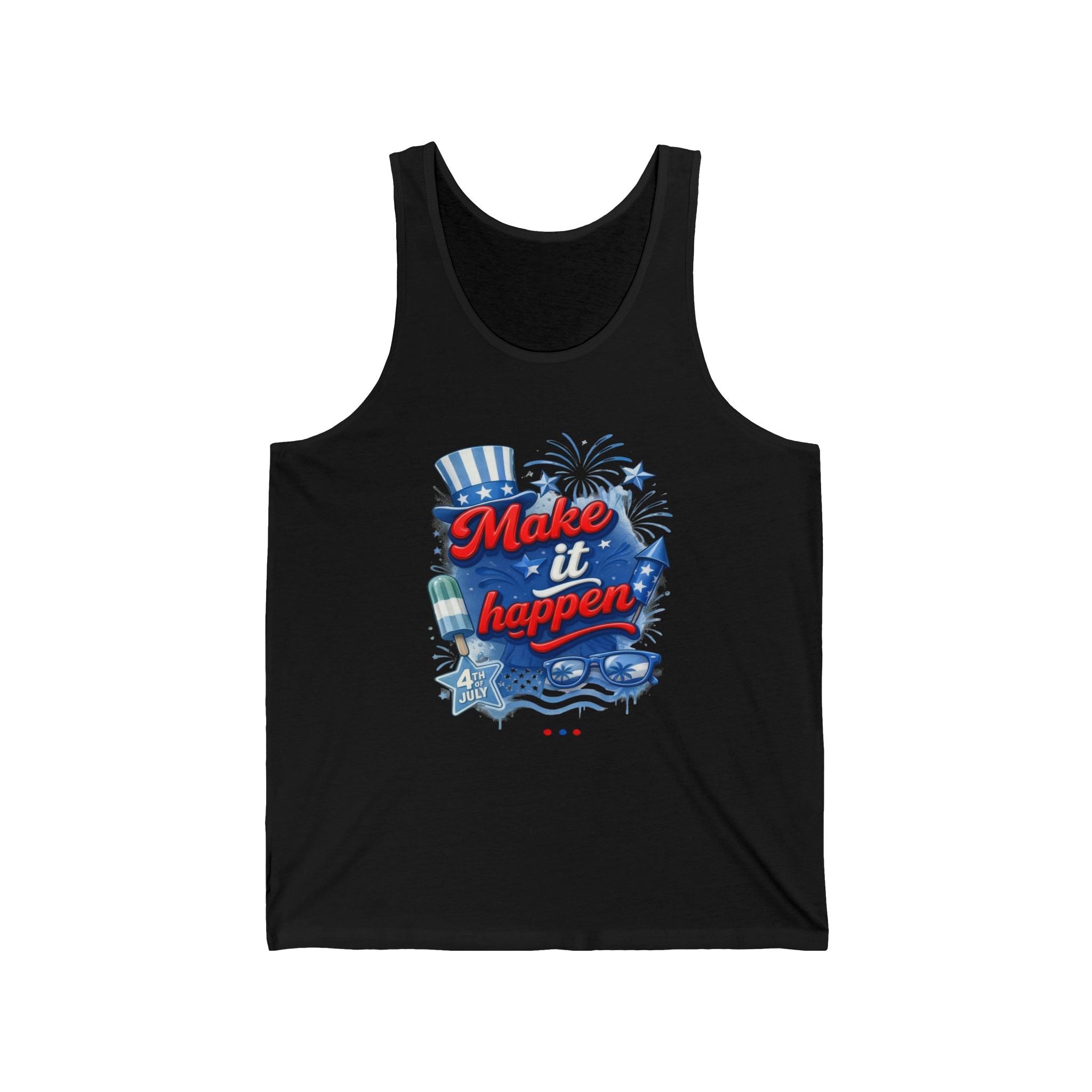 Black tank top with "Make it happen" and 4th of July graphics.