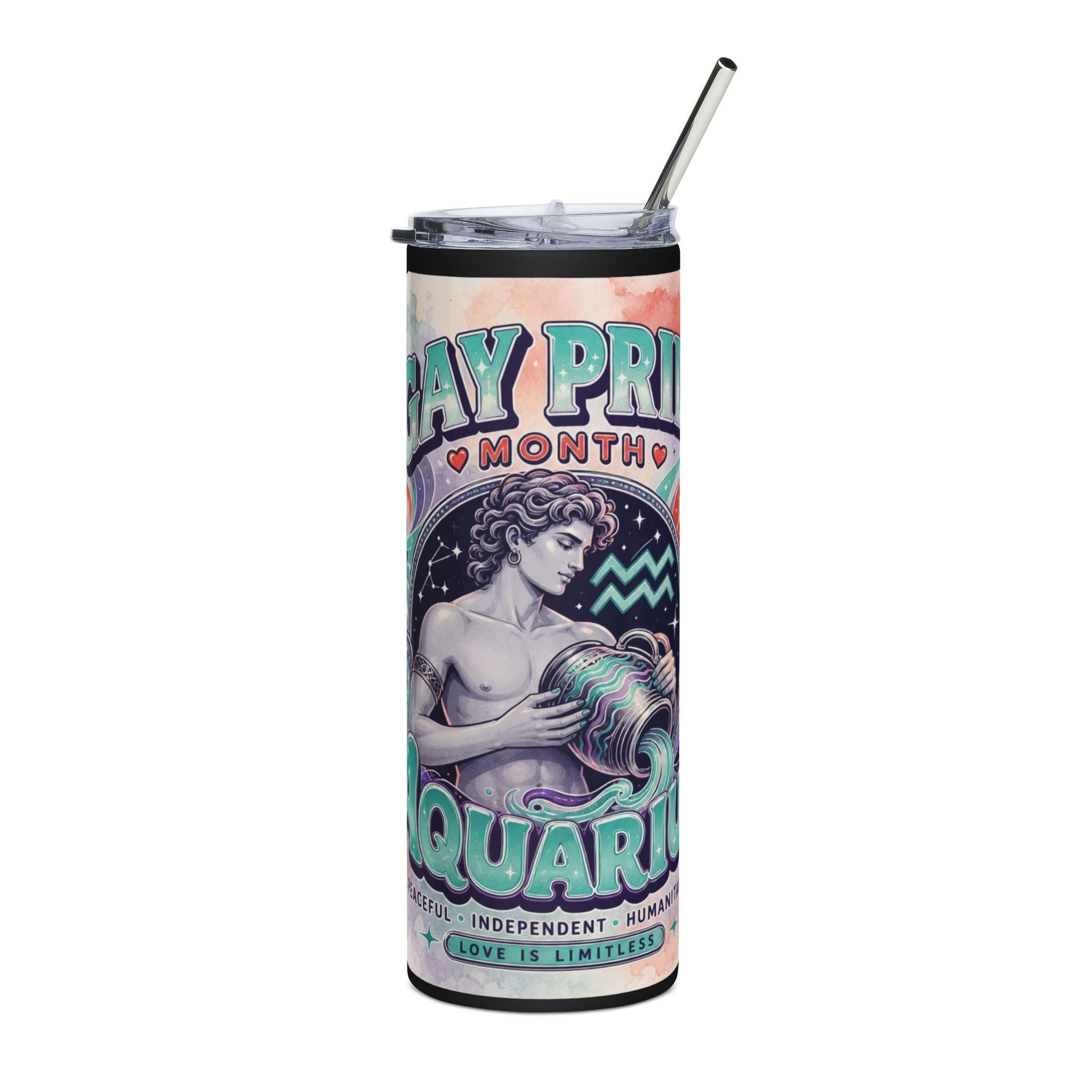 Aquarius Pride 20oz Stainless Steel Tumbler – Gay Pride Month Zodiac Water Bottle