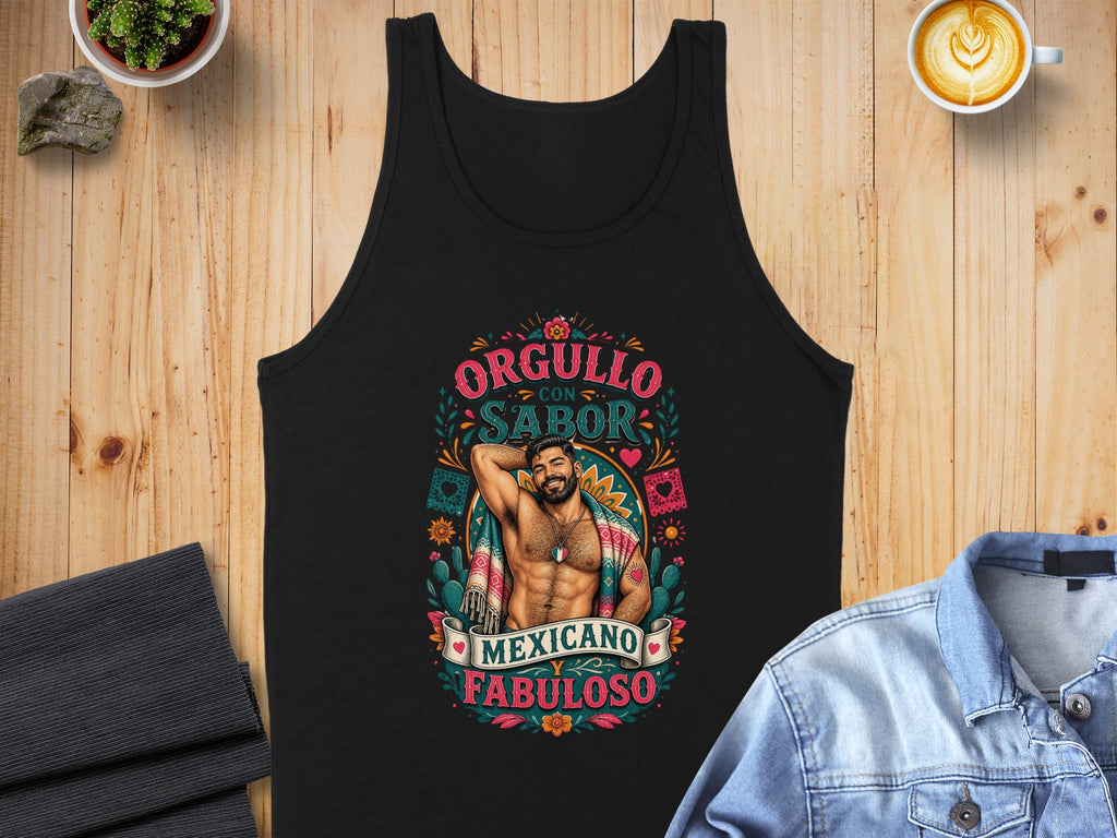 Black tank top with "Orgullo con Sabor Mexicano Fabuloso" and a stylized man.