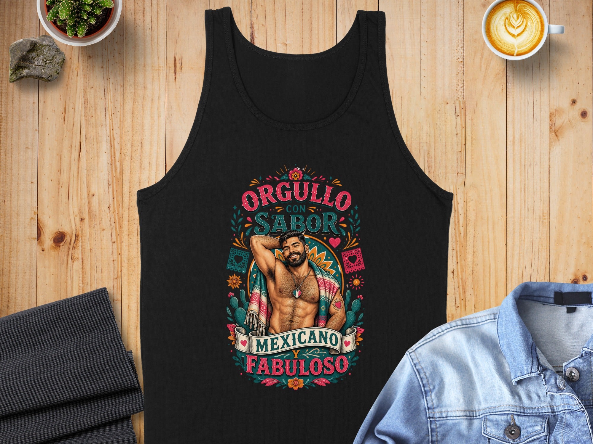 Black tank top with "Orgullo con Sabor Mexicano Fabuloso" and a stylized man.