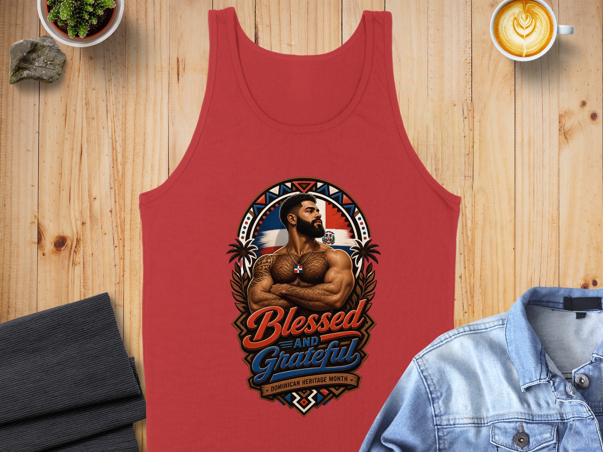 Red tank top with "Blessed and Grateful" and Dominican flag graphic.