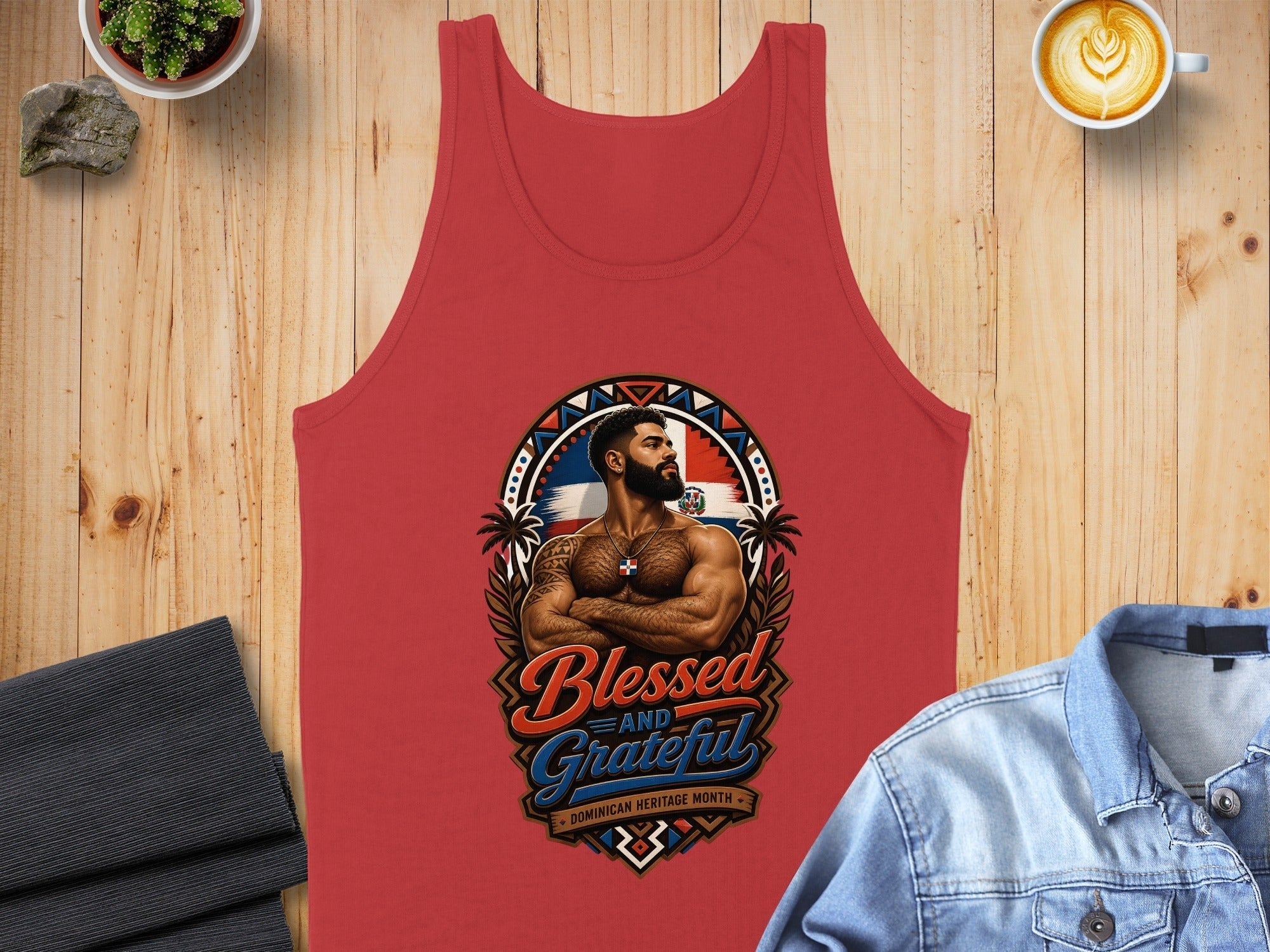 Red tank top with "Blessed and Grateful" and Dominican flag graphic.
