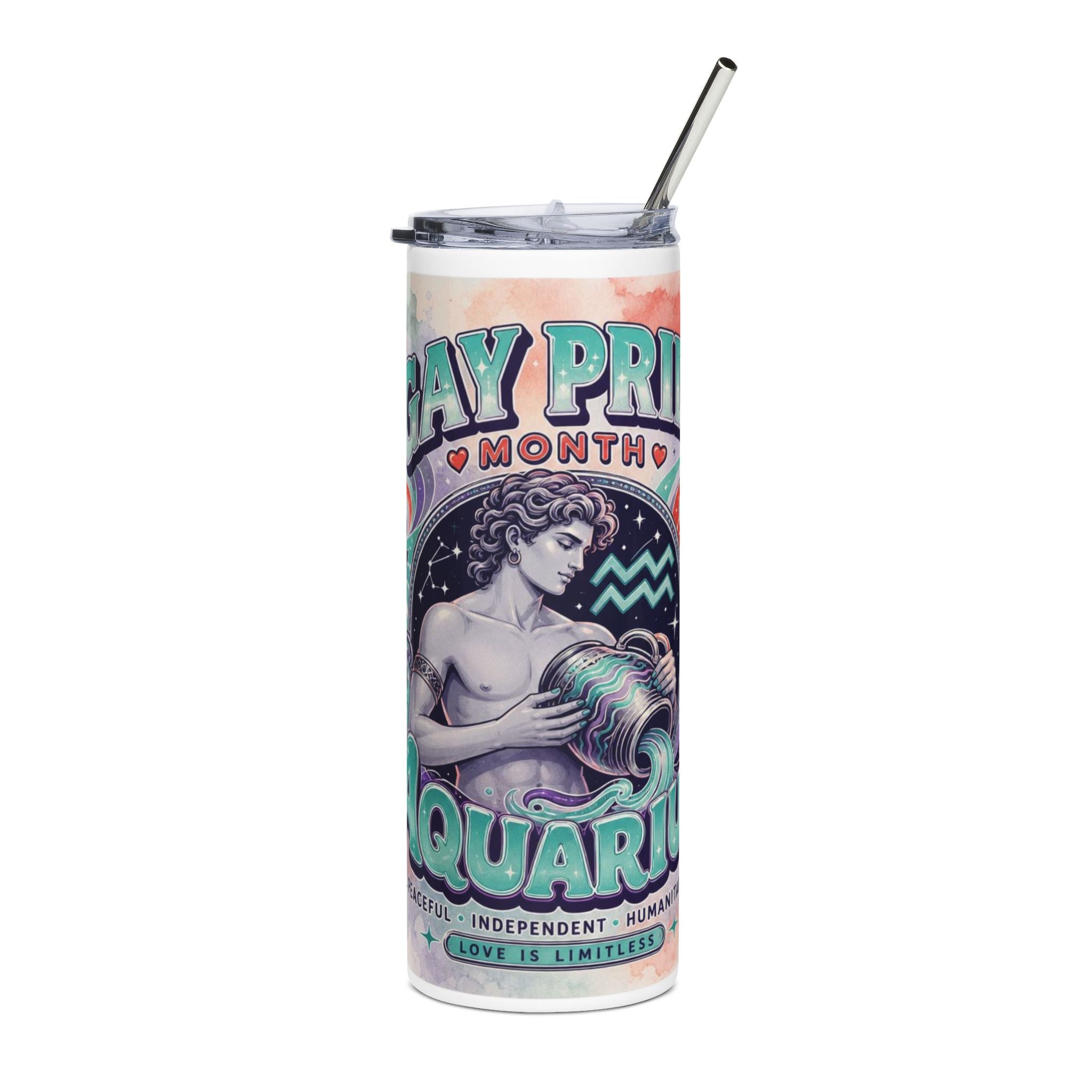 Aquarius Pride 20oz Stainless Steel Tumbler – Gay Pride Month Zodiac Water Bottle