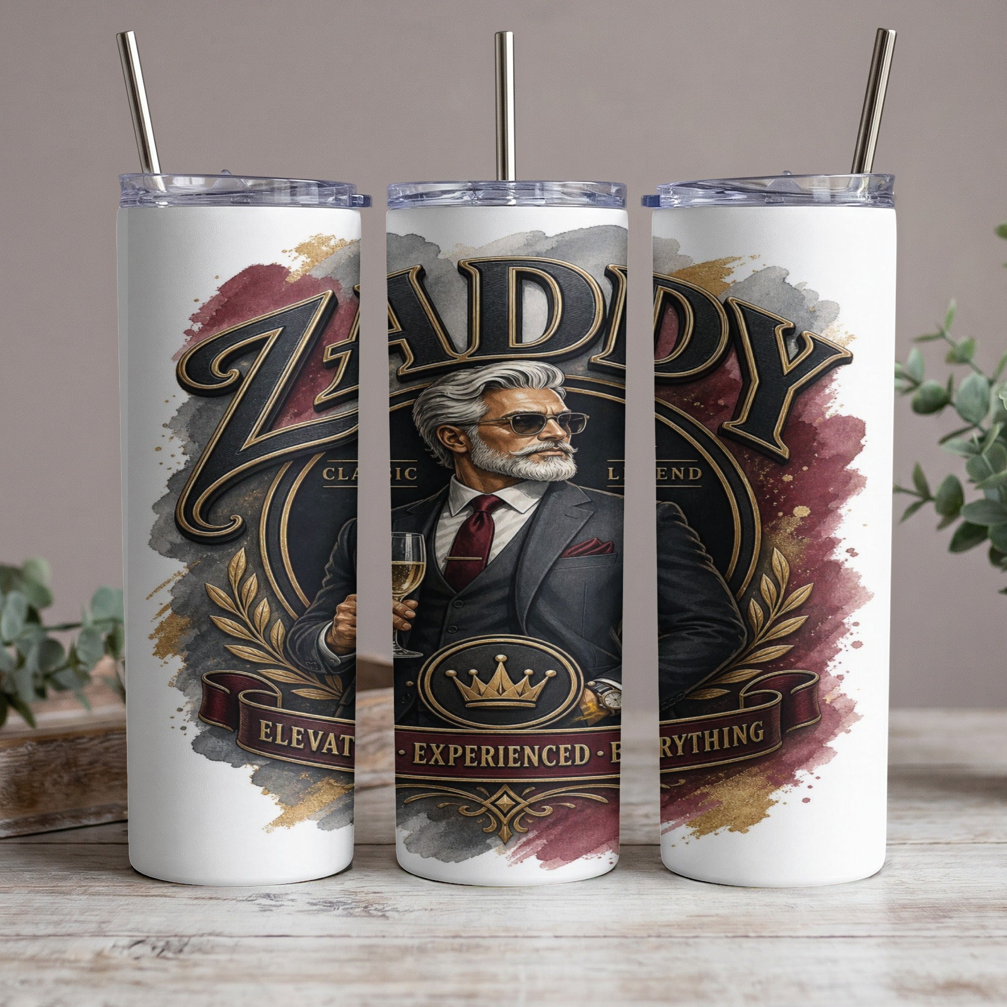 Tumbler with "Zaddy" text, a man in a suit, and a crown.