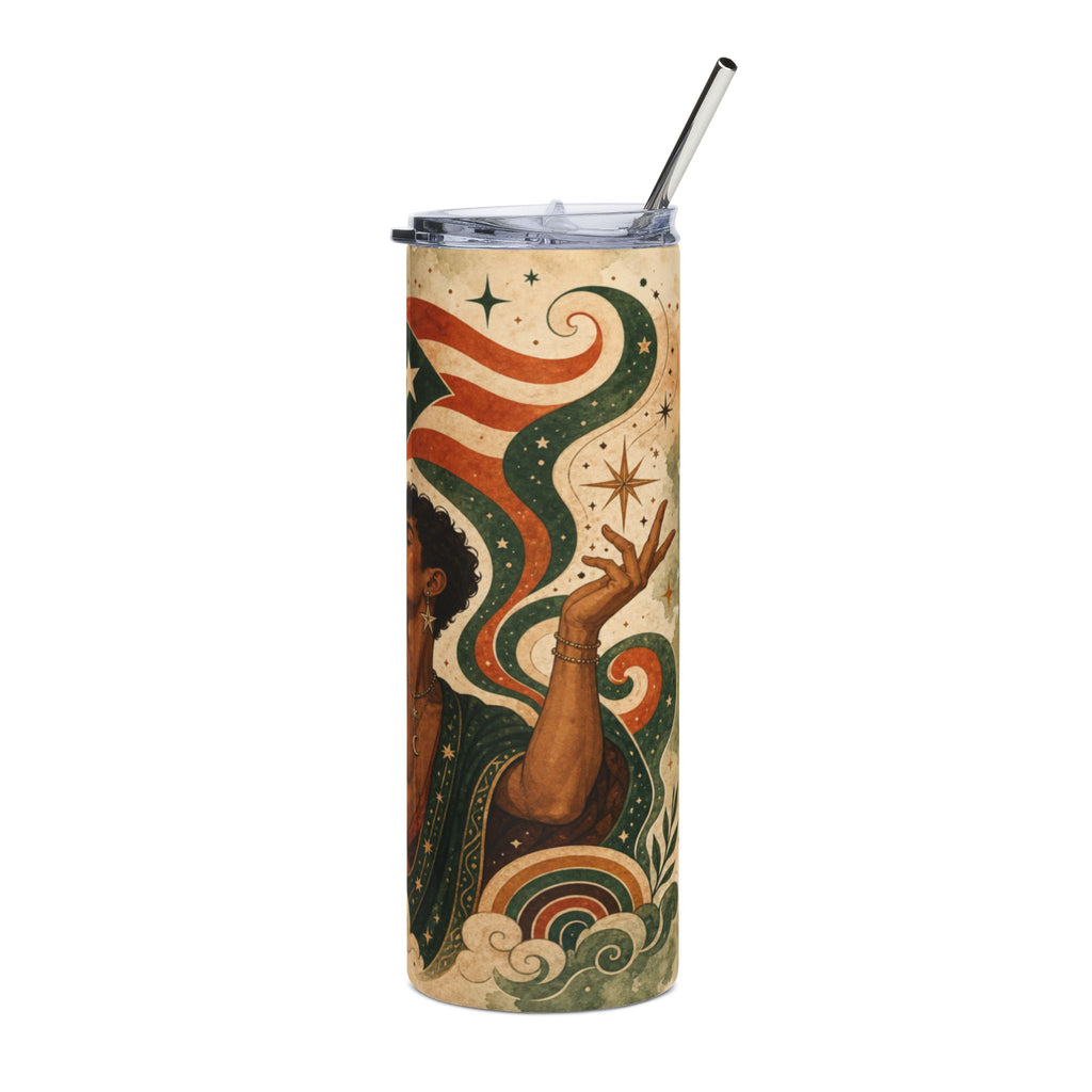 Tumbler with Puerto Rican flag, woman, and celestial elements.