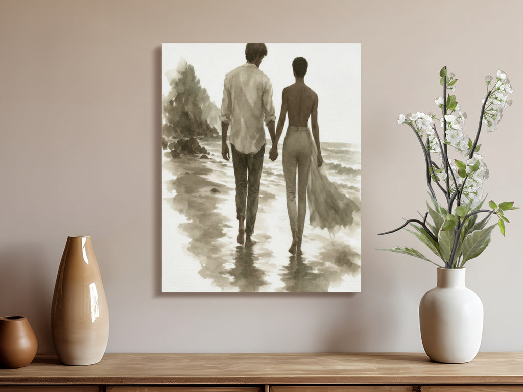 Couple walking on a beach in sepia watercolor art.