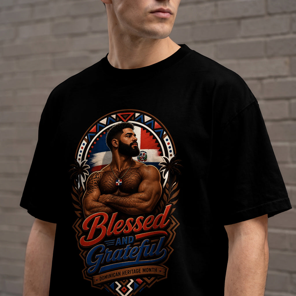 Black t-shirt with "Blessed and Grateful Dominican Heritage Month" text and graphic.