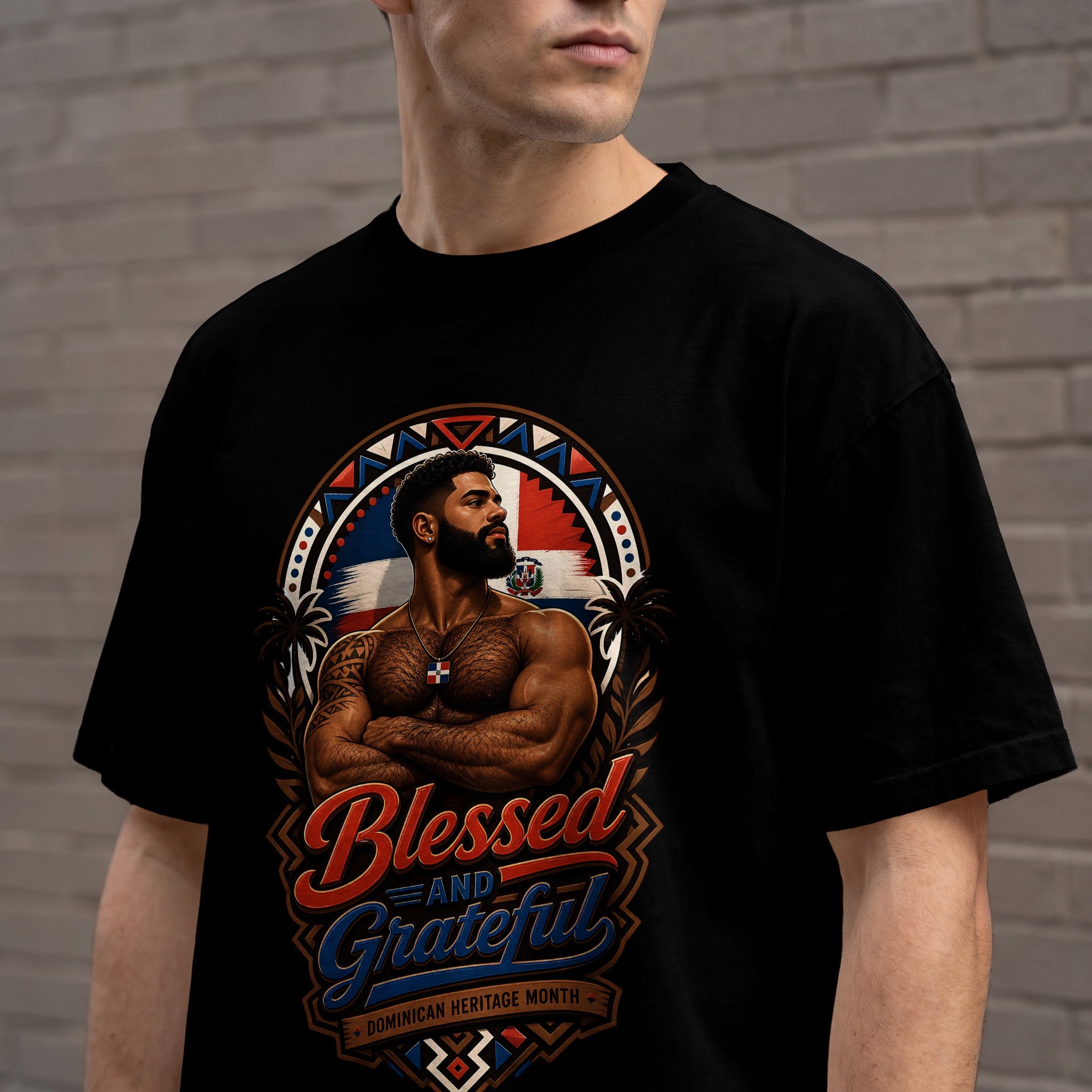 Black t-shirt with "Blessed and Grateful Dominican Heritage Month" text and graphic.