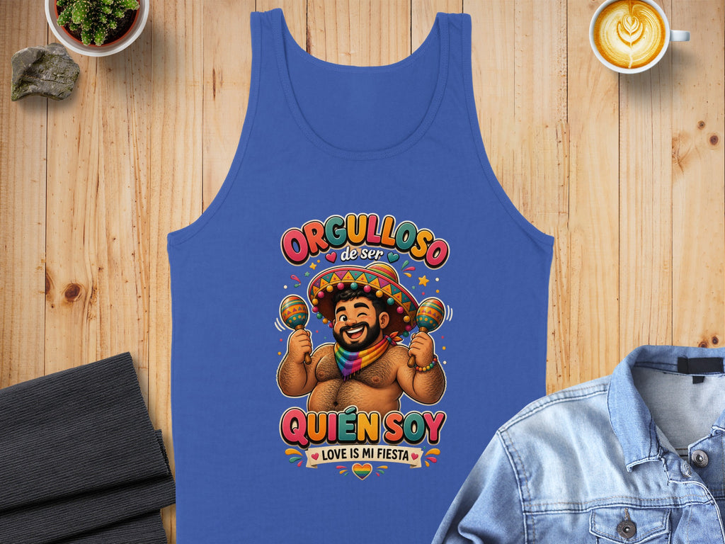 Blue tank top with "Orgulloso de ser" and a man holding maracas.