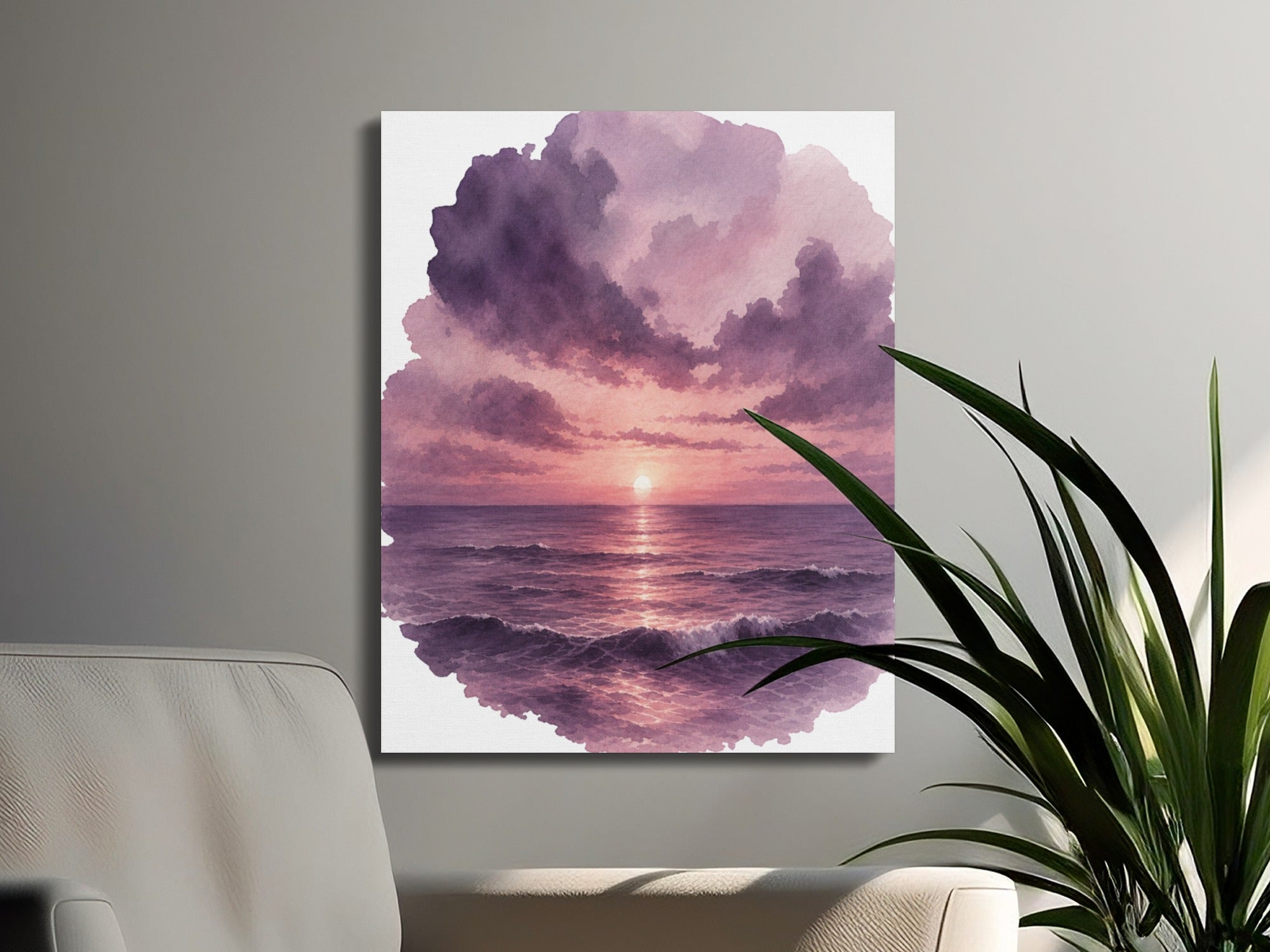 Watercolor seascape art with purple clouds and sunset over waves.