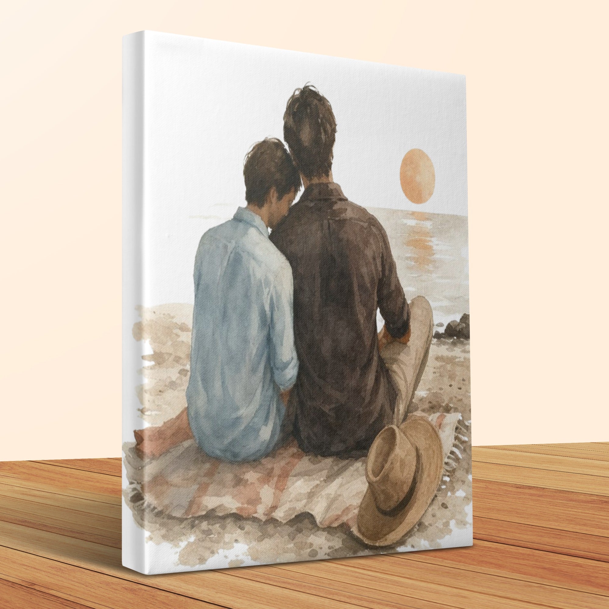 Watercolor painting of two men sitting on a beach by the ocean at sunset.