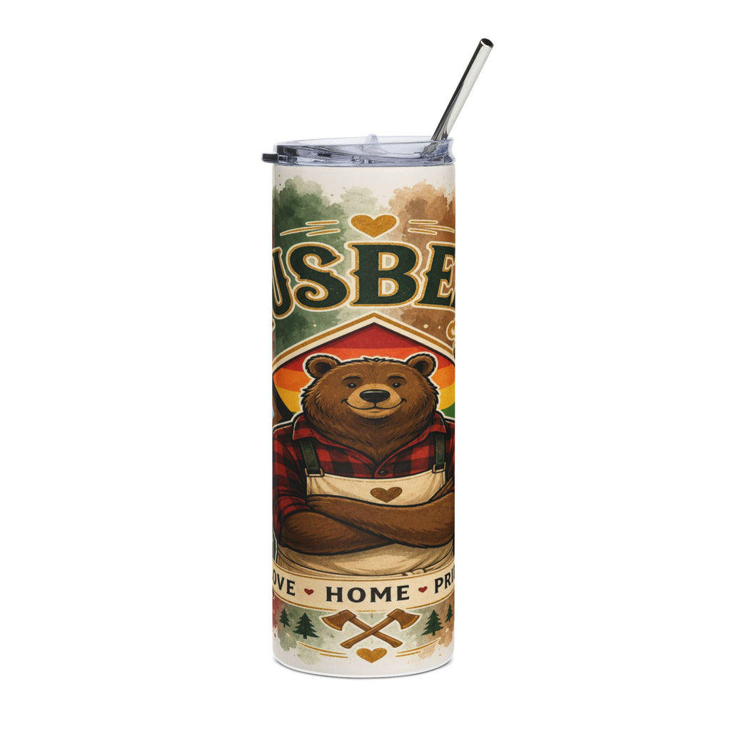 Tumbler with a cartoon bear wearing plaid and an apron, text "USBE" and "LOVE HOME PRIDE".
