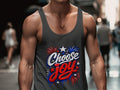 Men's dark grey tank top with "Choose Joy" text, stars, and fireworks graphic.
