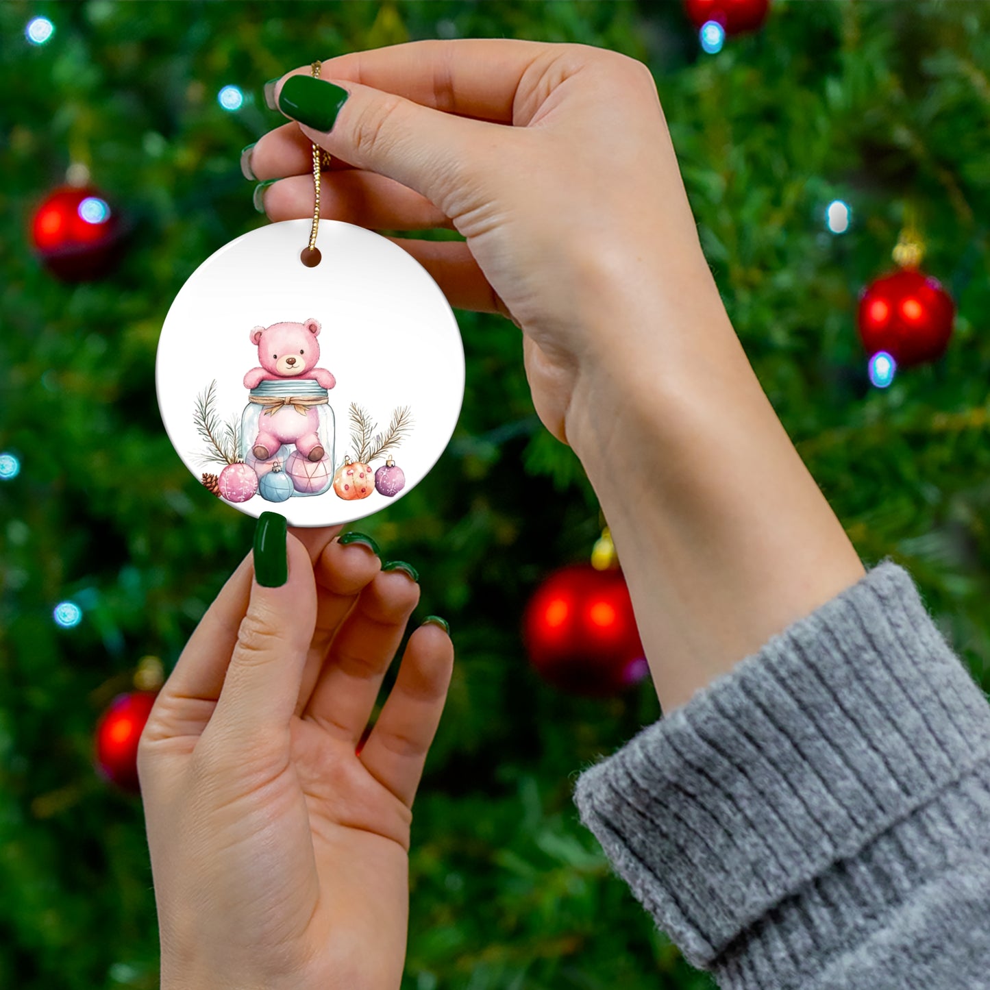 Adorable Pink Bear Ornament in Jar – Perfect Holiday Decoration for a Whimsical Touch